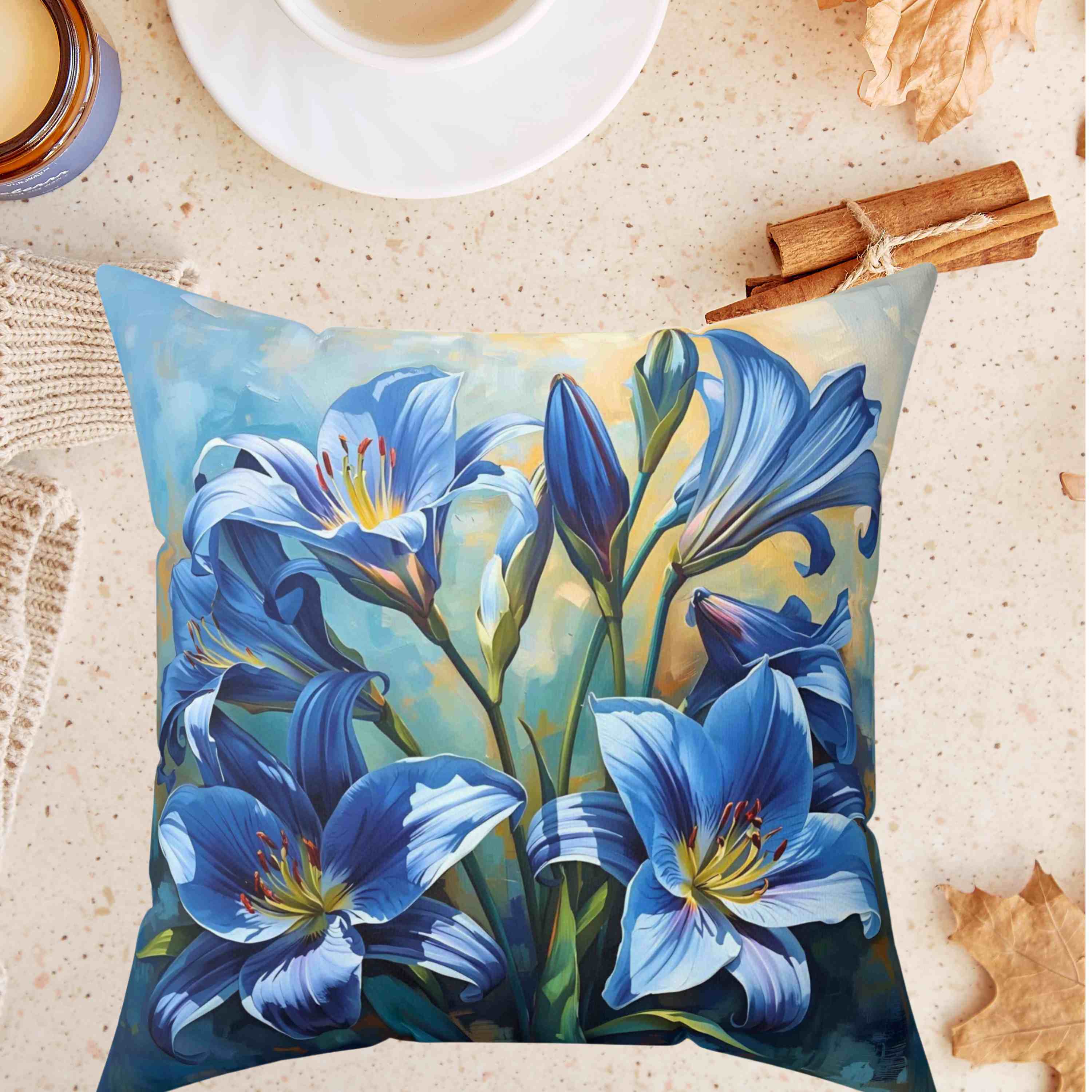 Square Pillow - Blue Lilly Flowers Design, great gift for family and friends. This beautiful pillow features blue lily flowers on a stunning background, adding a touch of elegance to any room. product thumbnail image