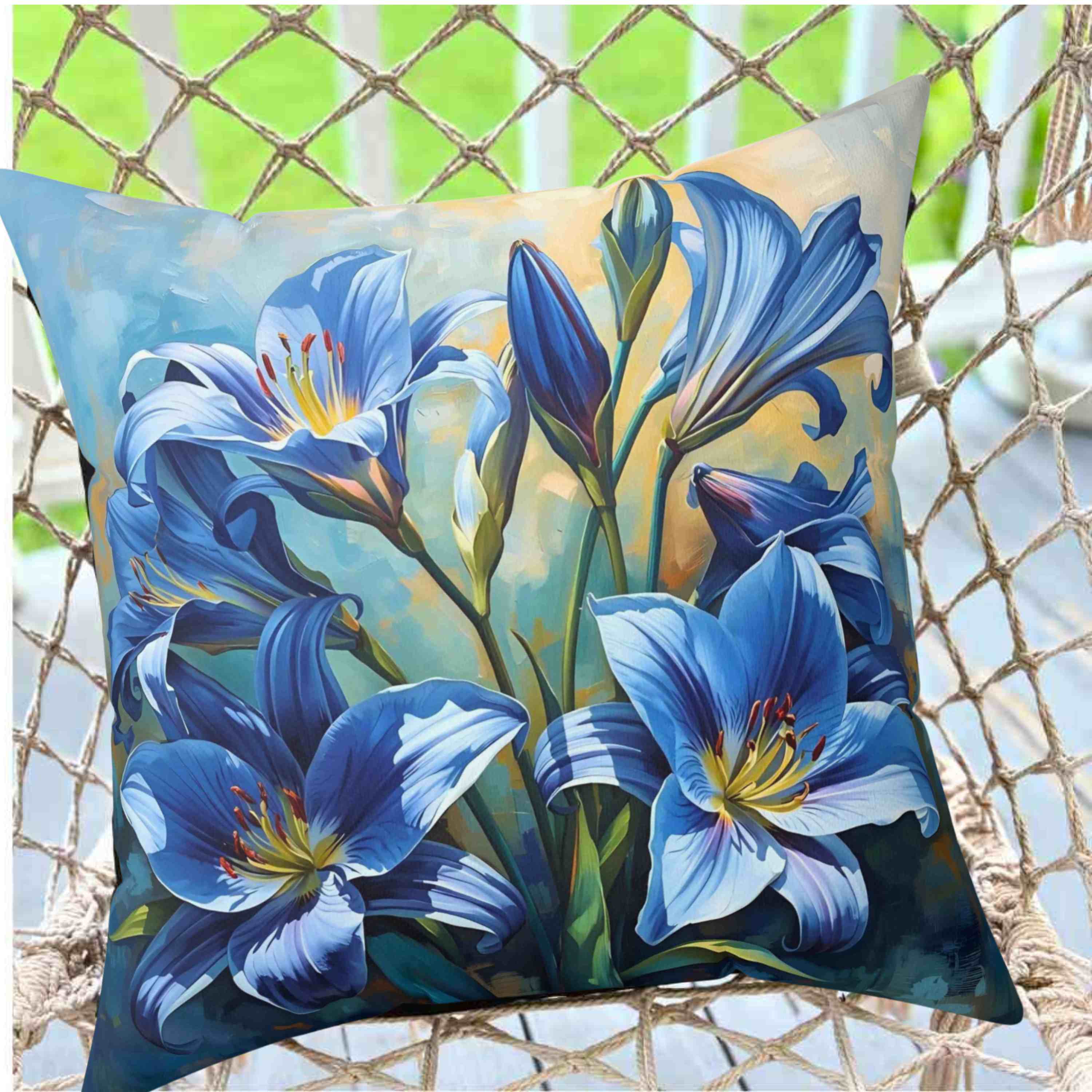 Square Pillow - Blue Lilly Flowers Design, great gift for family and friends. This beautiful pillow features blue lily flowers on a stunning background, adding a touch of elegance to any room. product thumbnail image