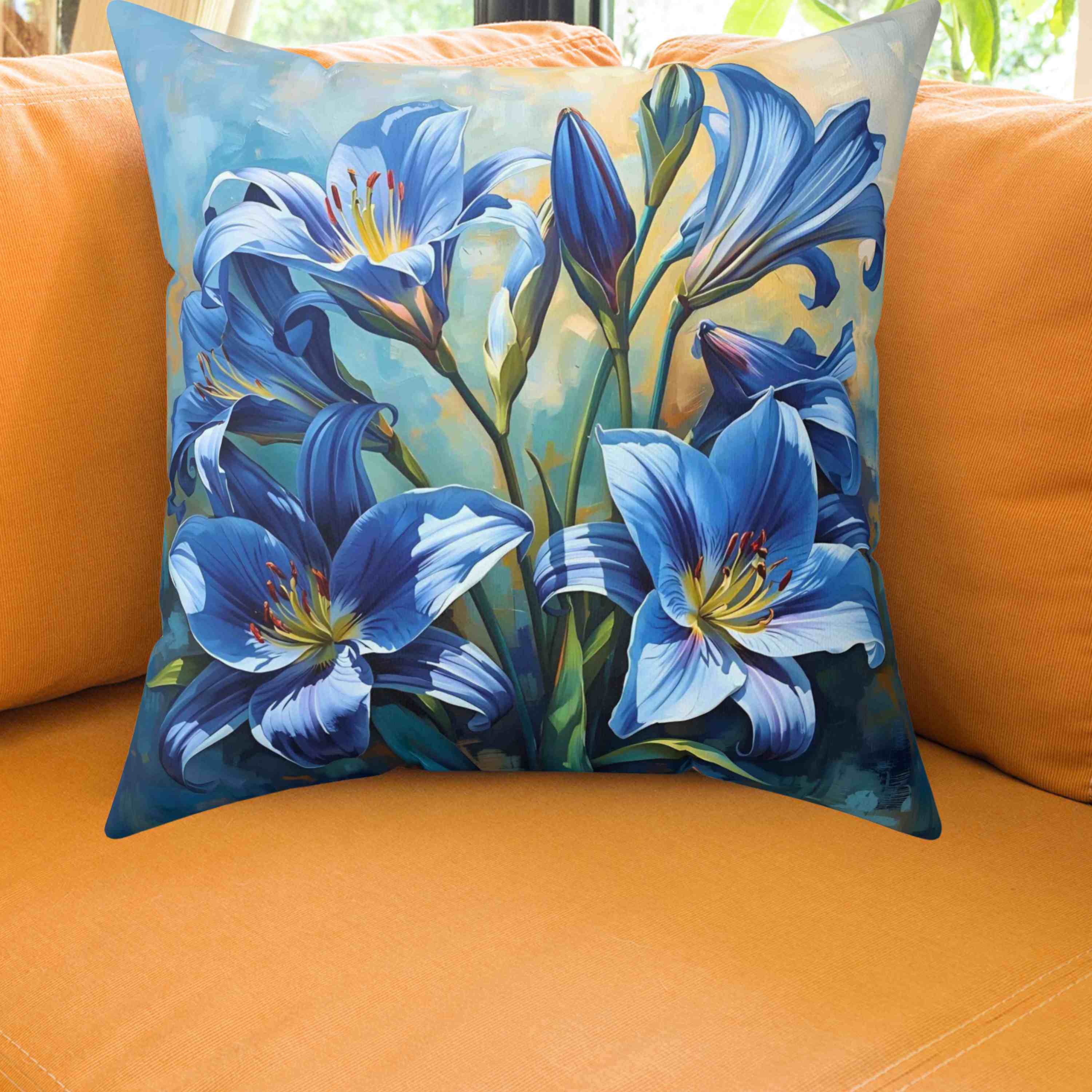 Square Pillow - Blue Lilly Flowers Design, great gift for family and friends. This beautiful pillow features blue lily flowers on a stunning background, adding a touch of elegance to any room. product thumbnail image