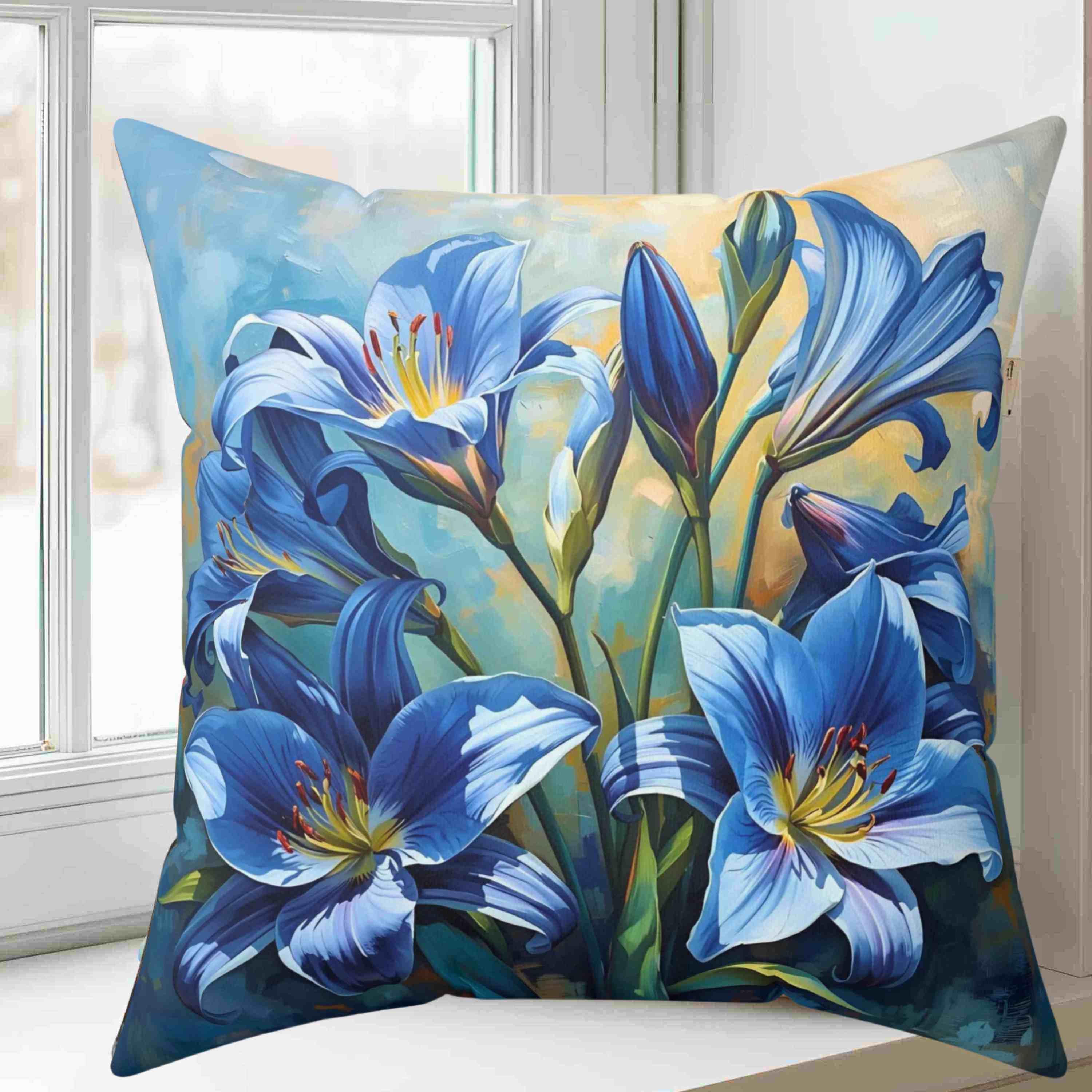 Square Pillow - Blue Lilly Flowers Design, great gift for family and friends. This beautiful pillow features blue lily flowers on a stunning background, adding a touch of elegance to any room. product thumbnail image