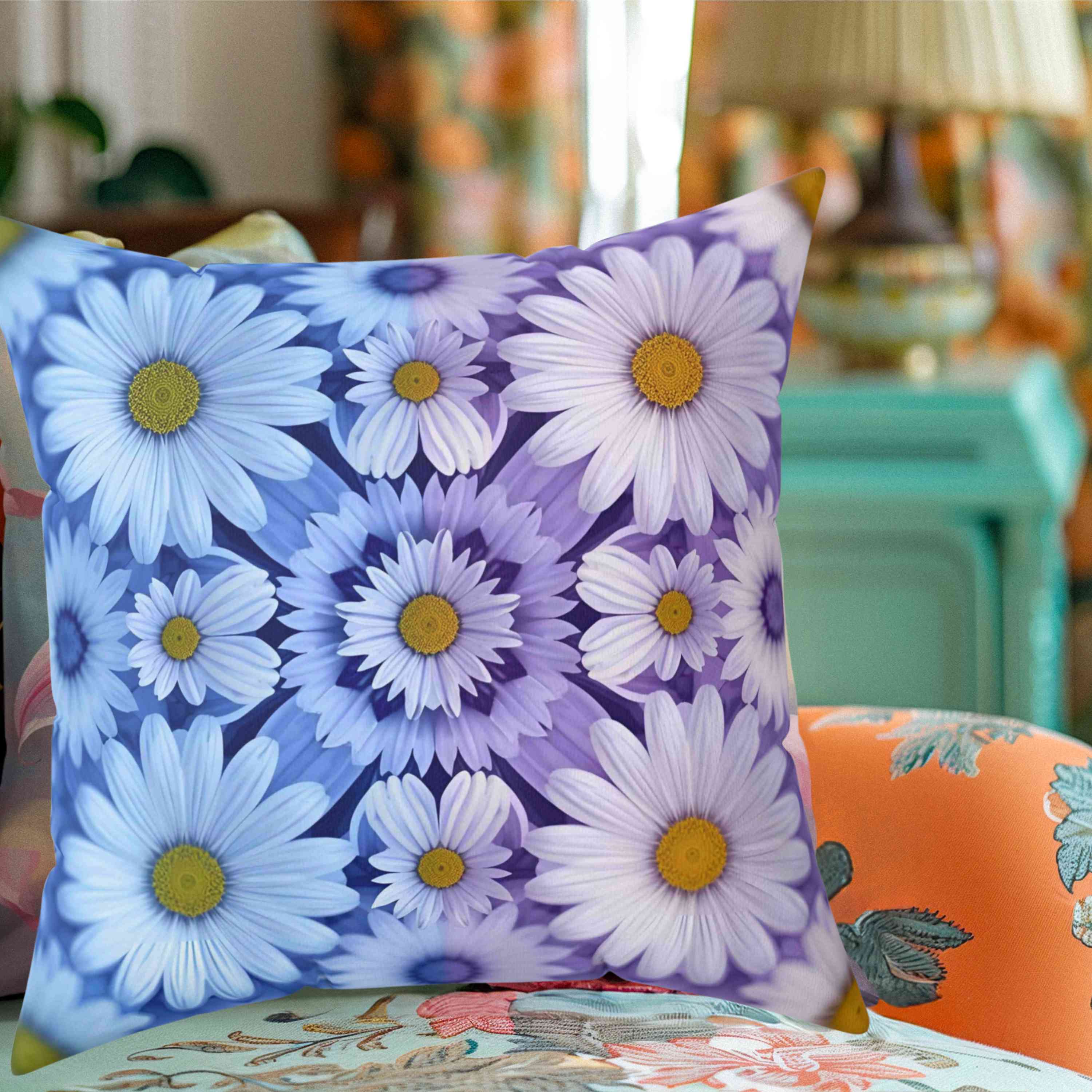 Square Pillow Abstract Purple Blue White Flowers, gift idea, home decor for living room and bedroom product thumbnail image