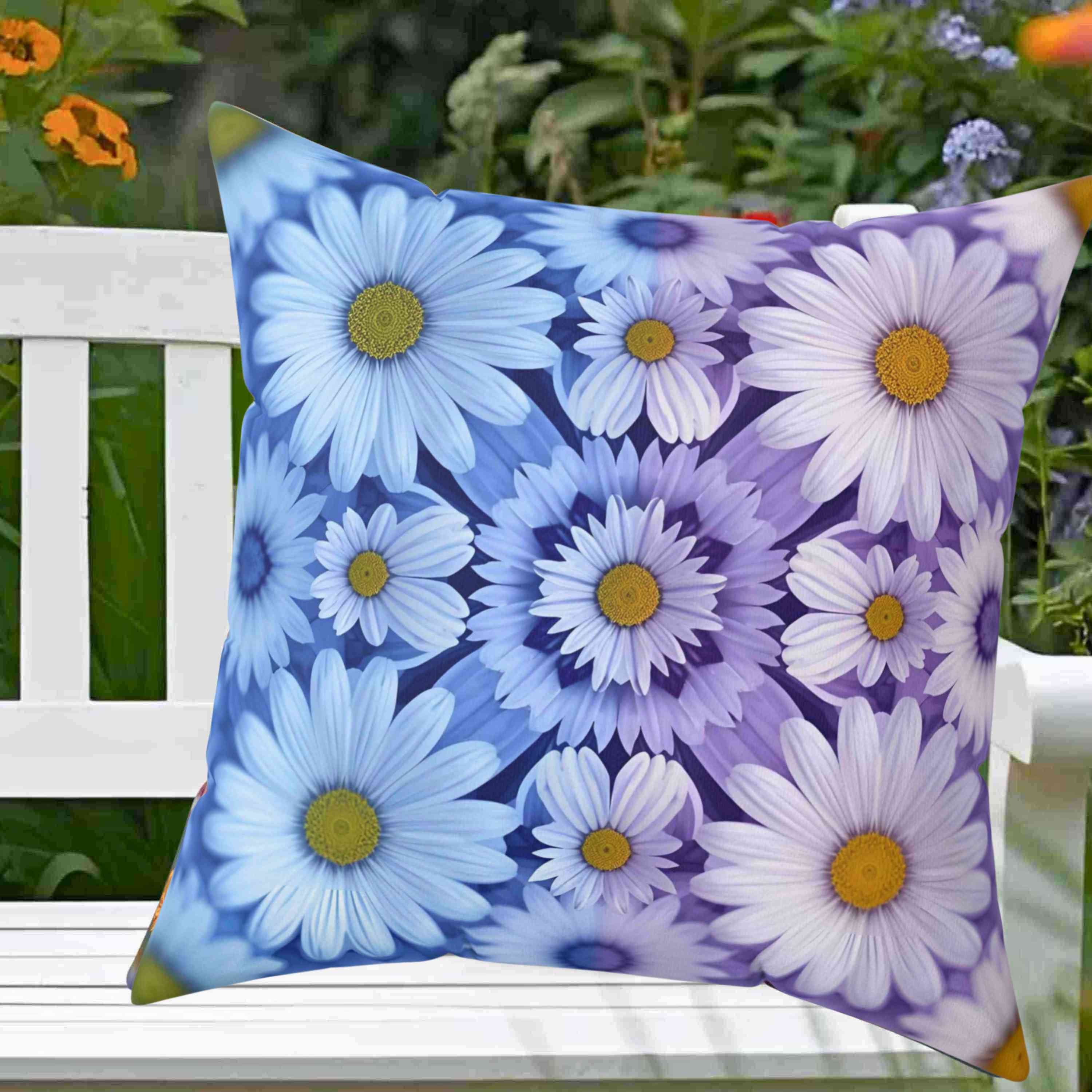 Square Pillow Abstract Purple Blue White Flowers, gift idea, home decor for living room and bedroom product thumbnail image