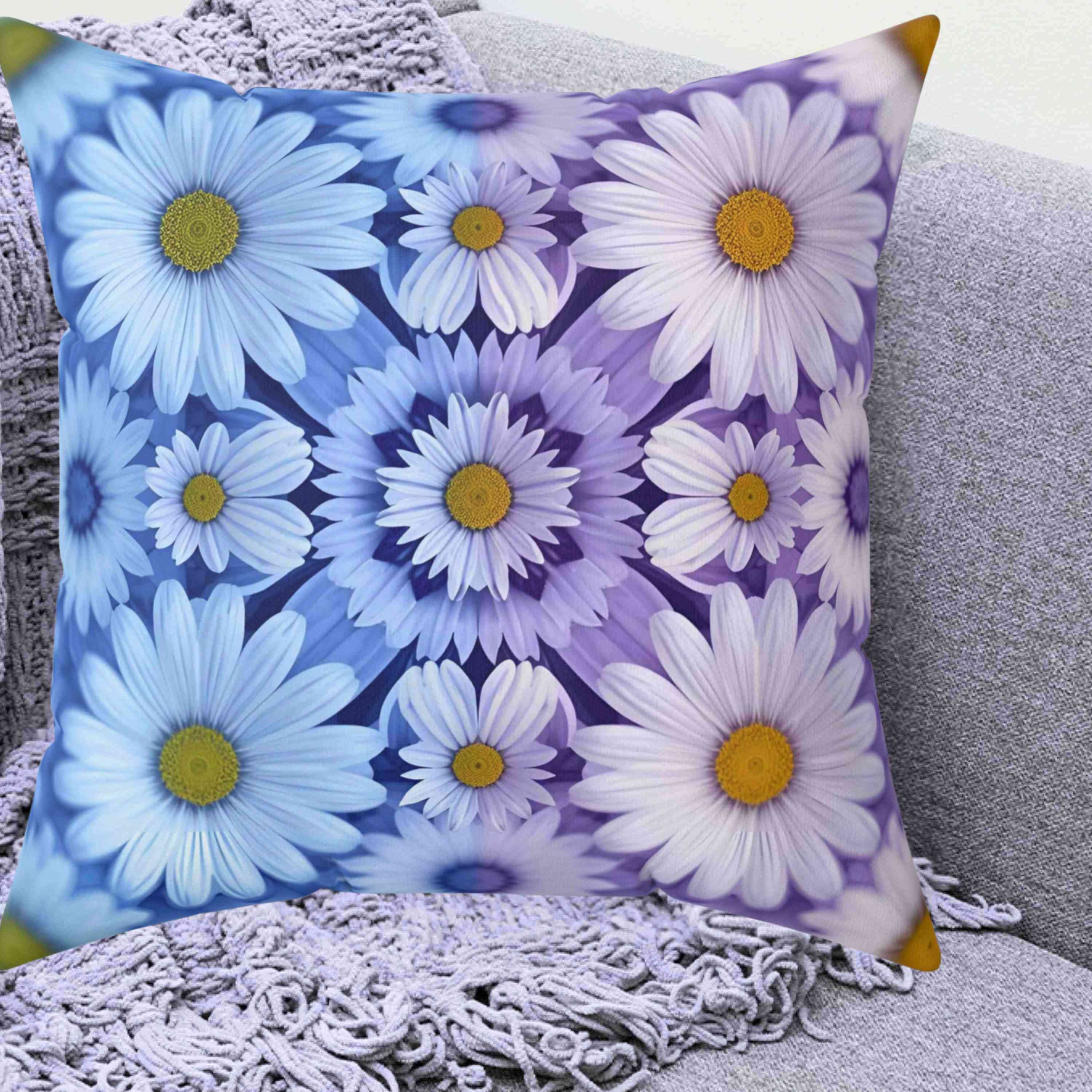 Square Pillow Abstract Purple Blue White Flowers, gift idea, home decor for living room and bedroom product thumbnail image