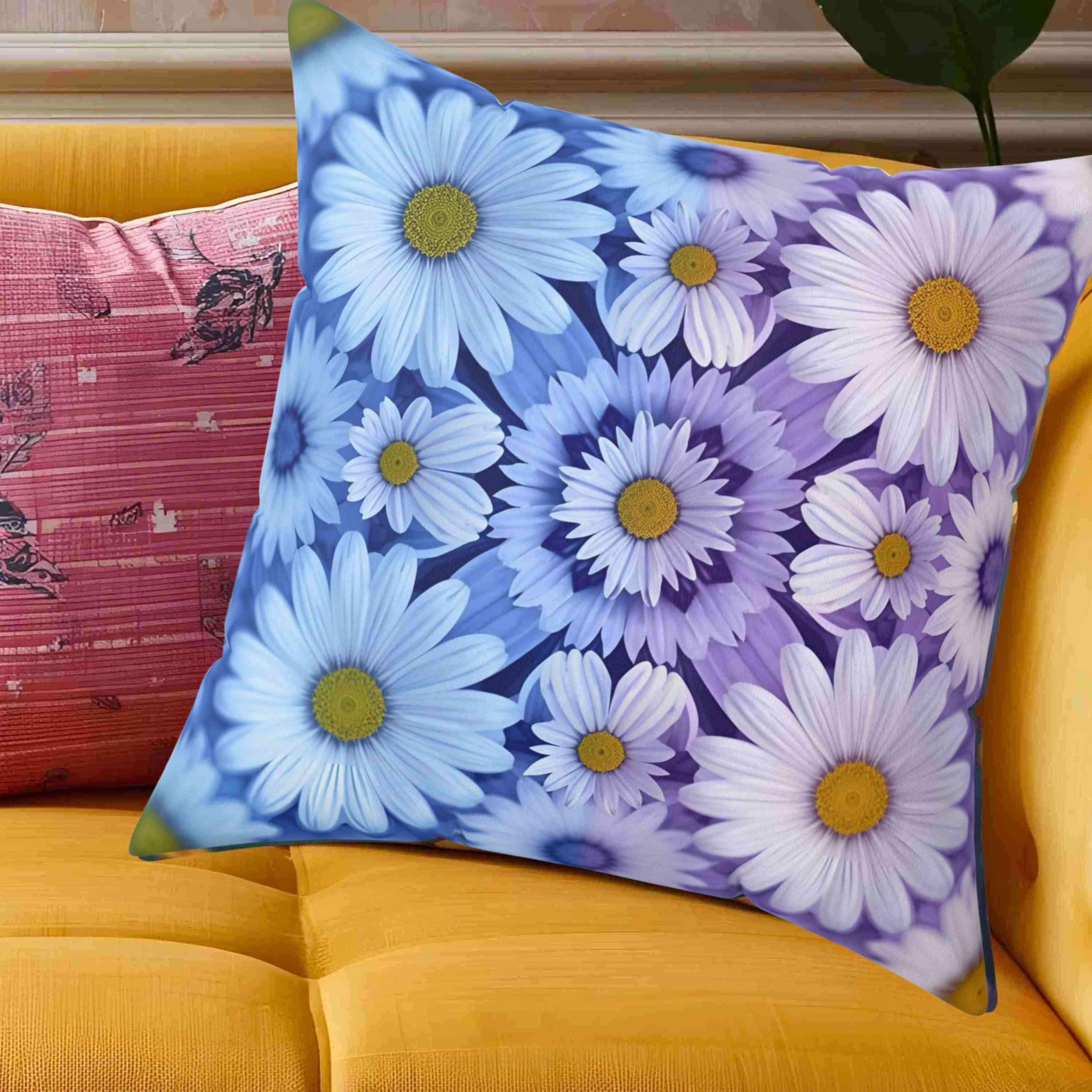Square Pillow Abstract Purple Blue White Flowers, gift idea, home decor for living room and bedroom product thumbnail image