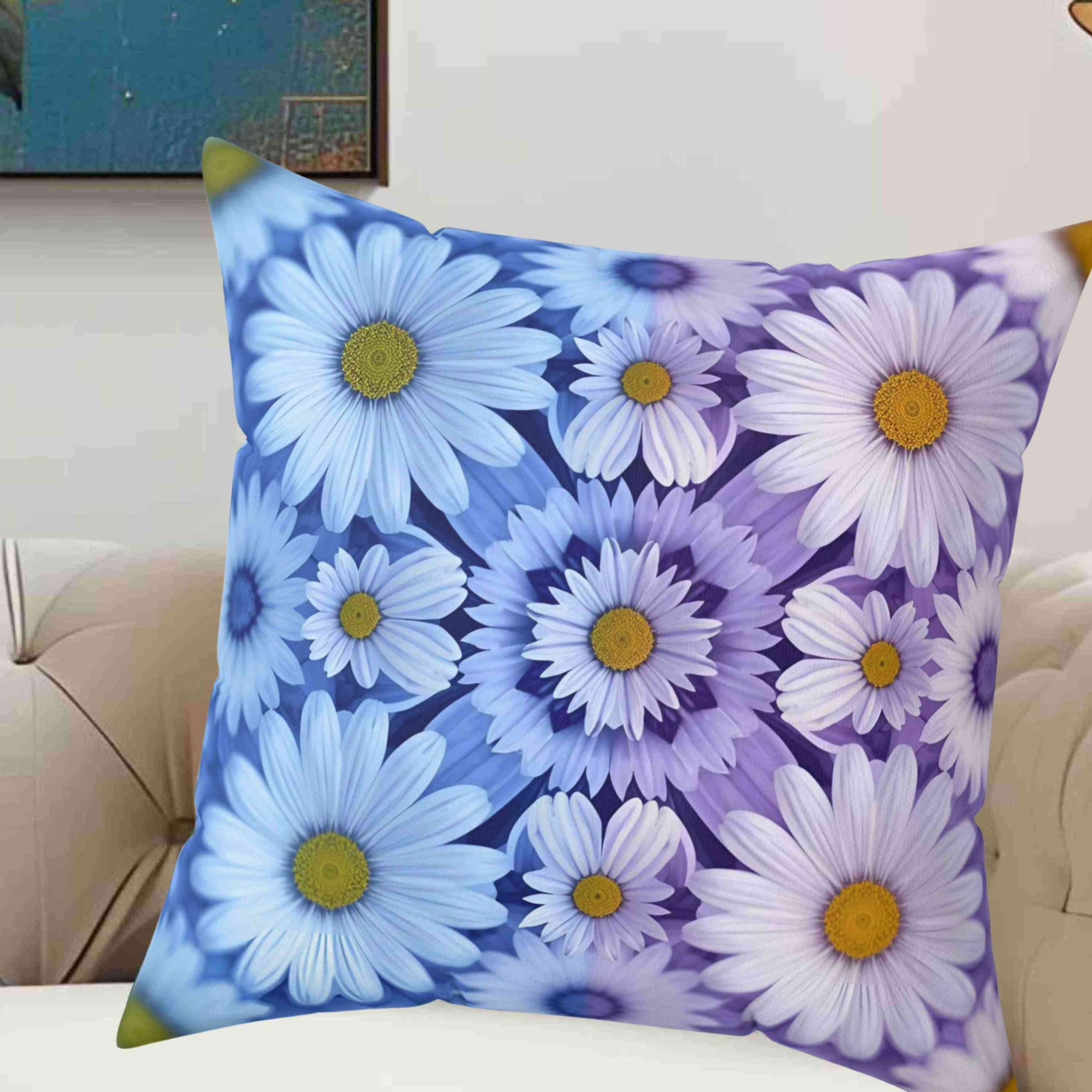 Square Pillow Abstract Purple Blue White Flowers, gift idea, home decor for living room and bedroom product thumbnail image