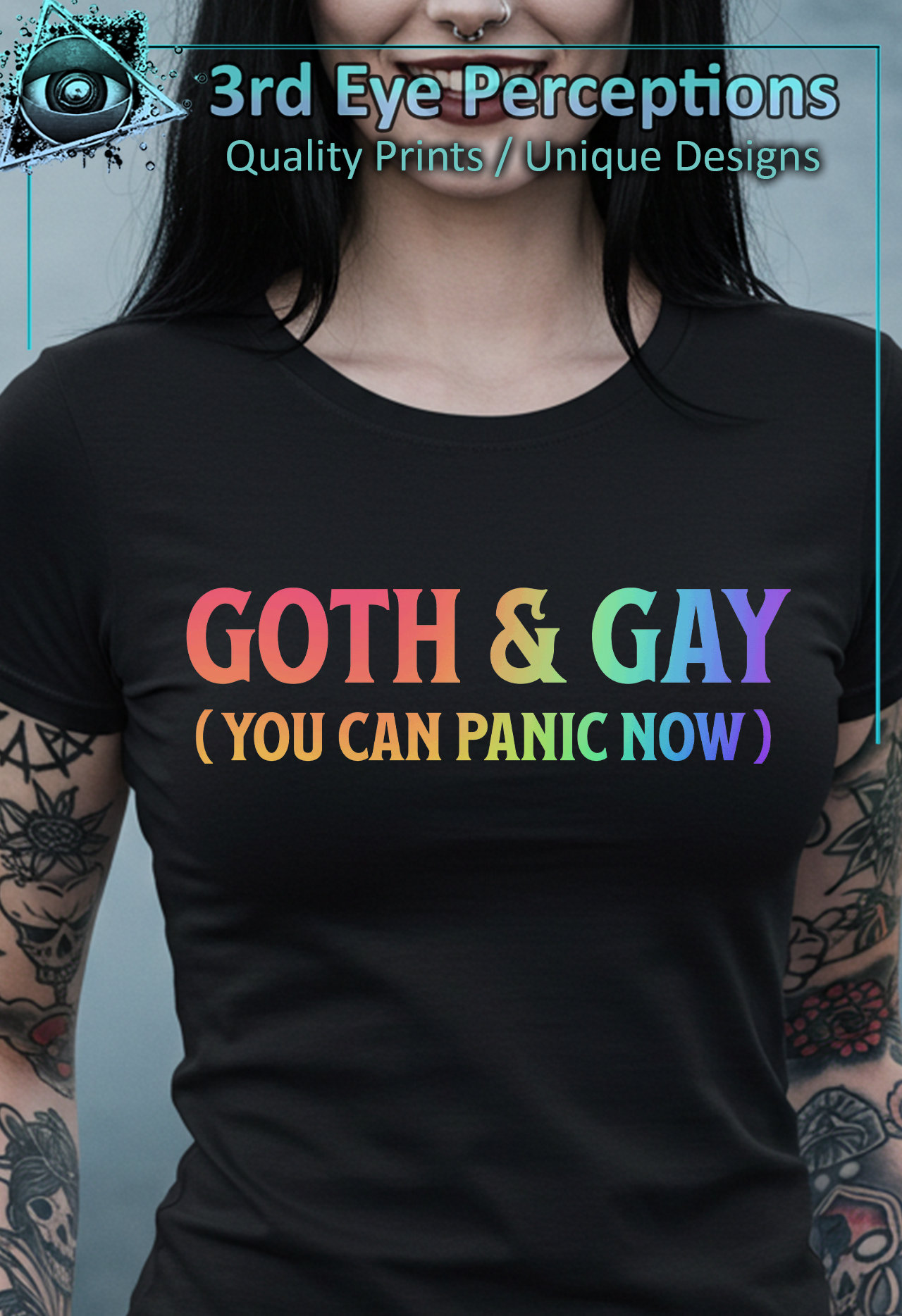 Funny Humor Vintage Rainbow Text Goth Gay Panic Pride Graphic T-Shirt product thumbnail image