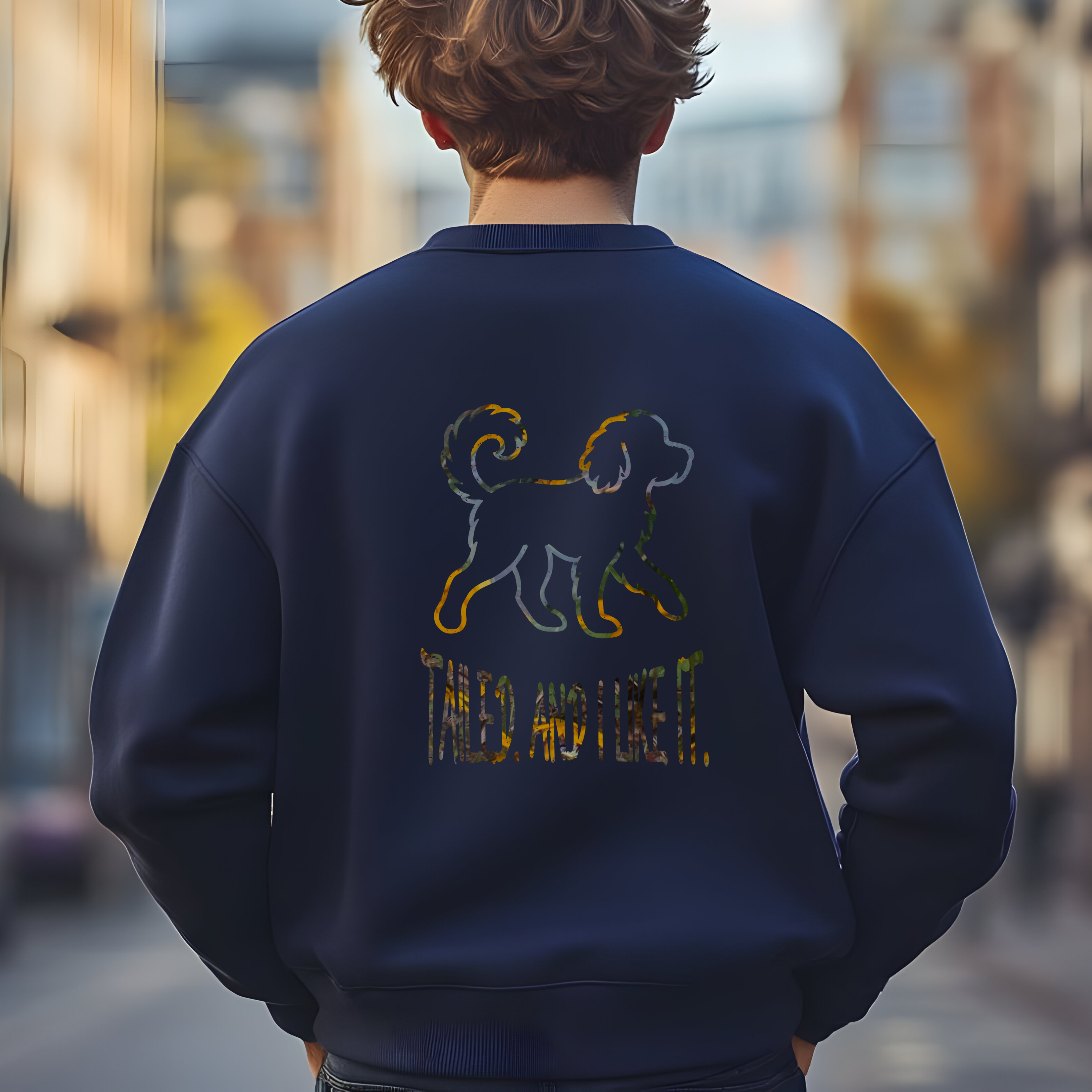 Custom dog crewneck with your pet’s name printed on the chest &amp; bold “Tailed and I Like It” back print. Perfect gift for dog moms, dads &amp; pet lovers! product thumbnail image
