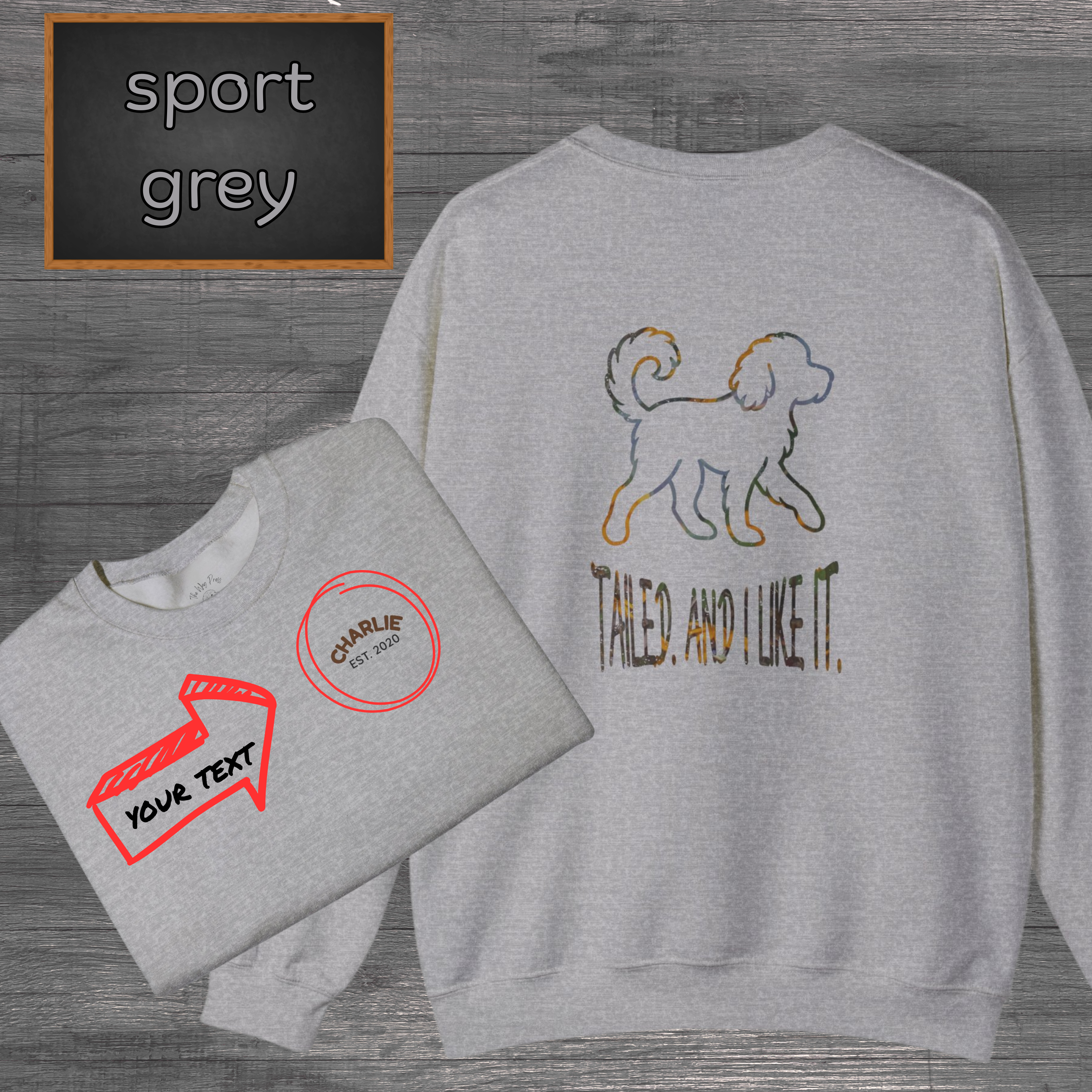 Custom dog crewneck with your pet’s name printed on the chest & bold “Tailed and I Like It” back print. Perfect gift for dog moms, dads & pet lovers! product thumbnail image Custom dog crewneck with your pet’s name printed on the chest & bold “Tailed and I Like It” back print. Perfect gift for dog moms, dads & pet lovers! product thumbnail image