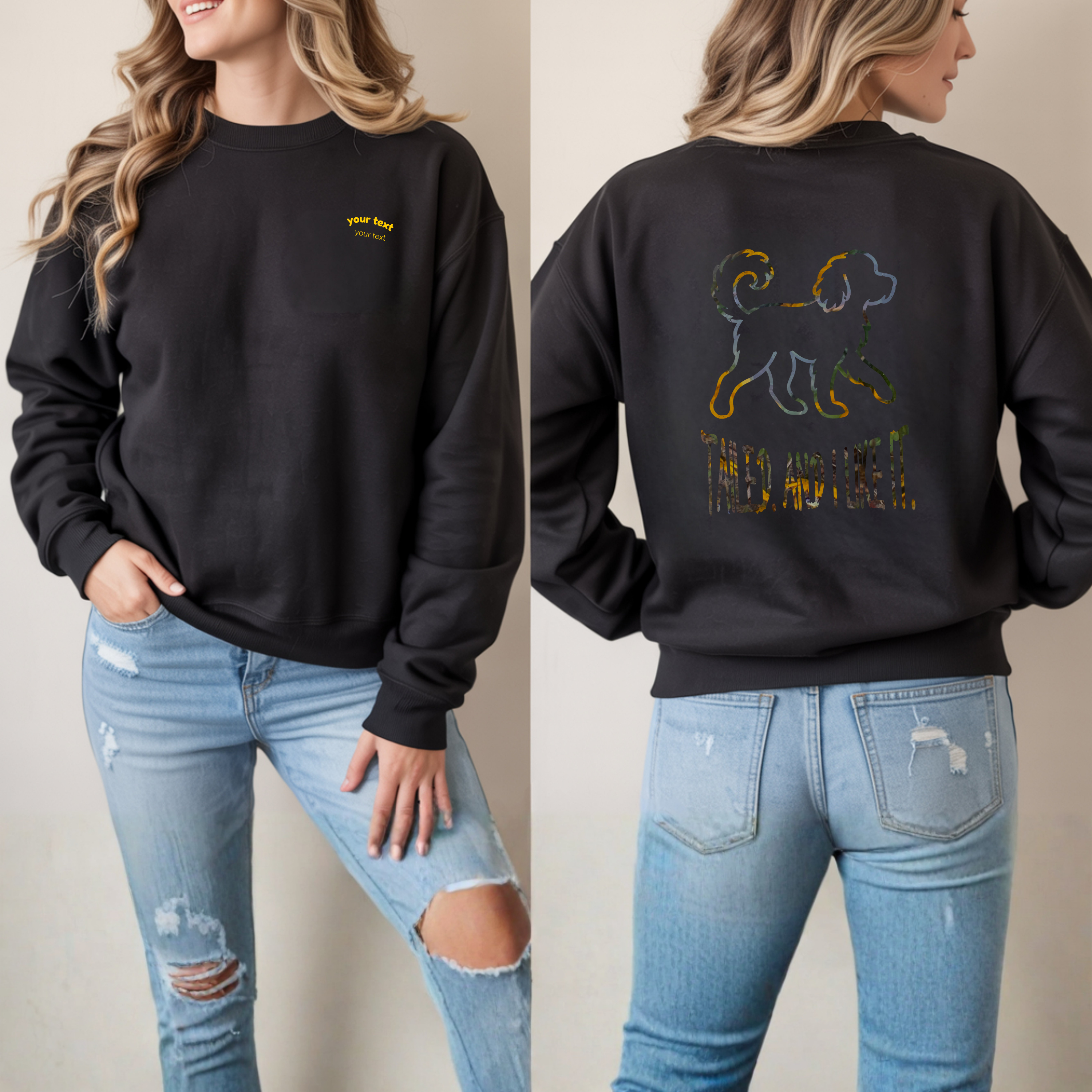 Custom dog crewneck with your pet’s name printed on the chest & bold “Tailed and I Like It” back print. Perfect gift for dog moms, dads & pet lovers! product thumbnail image Custom dog crewneck with your pet’s name printed on the chest & bold “Tailed and I Like It” back print. Perfect gift for dog moms, dads & pet lovers! product thumbnail image