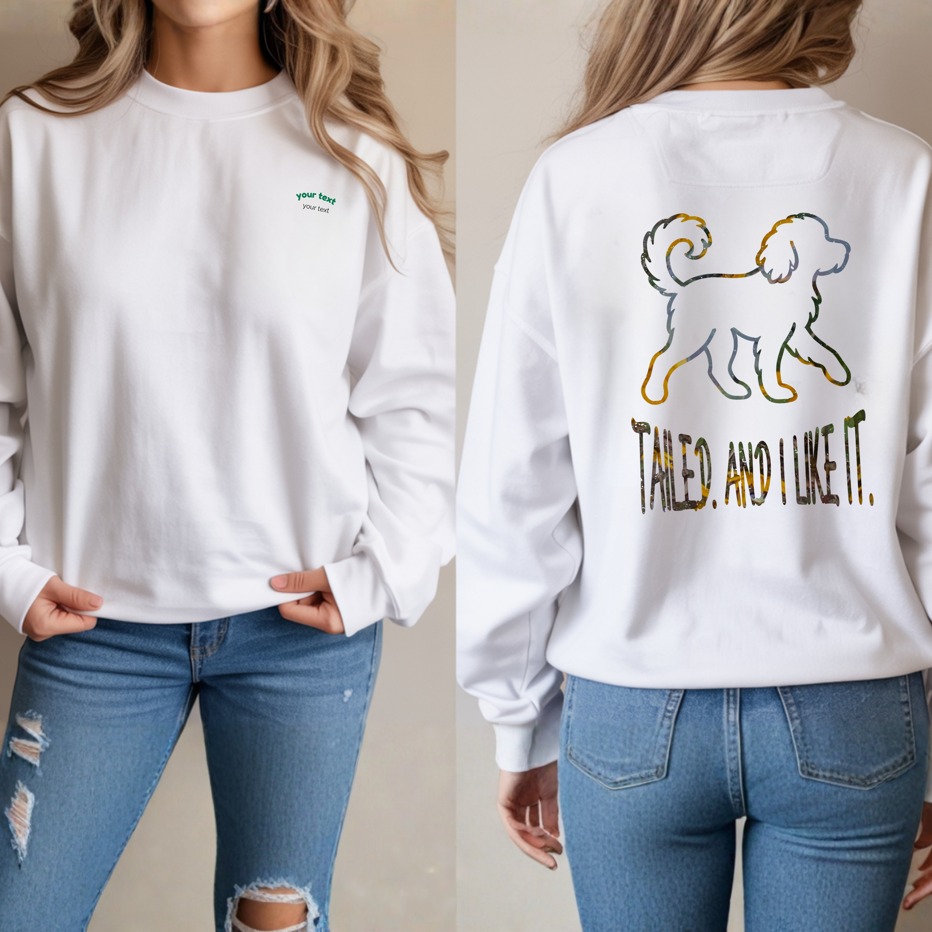 Custom dog crewneck with your pet’s name printed on the chest &amp; bold “Tailed and I Like It” back print. Perfect gift for dog moms, dads &amp; pet lovers! product thumbnail image