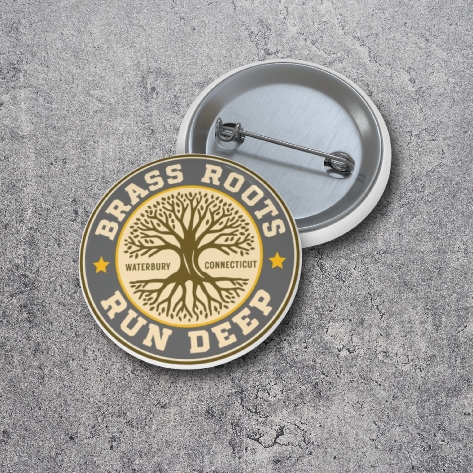 Brass Roots Run Deep Pin, Waterbury pride badge, Connecticut heritage button, tree roots pin, local identity merch, Brass Ballz product thumbnail image Brass Roots Run Deep Pin, Waterbury pride badge, Connecticut heritage button, tree roots pin, local identity merch, Brass Ballz product thumbnail image