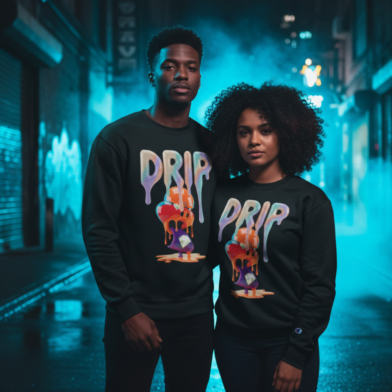 Future Fatboi Clothing Colorful Dripping Art Champion Sweatshirt, Cozy Graphic Pullover, Trendy Streetwear, Unique Gift for Art Lovers, Casual Wear for All [...] product thumbnail image