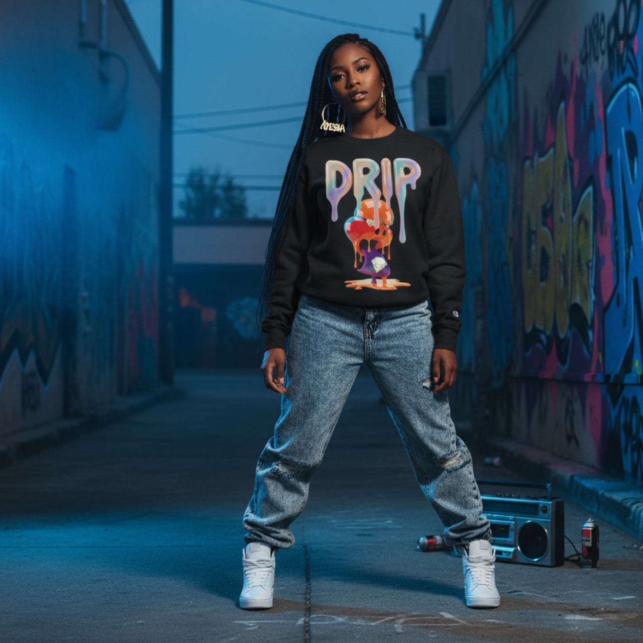 Future Fatboi Clothing Colorful Dripping Art Champion Sweatshirt, Cozy Graphic Pullover, Trendy Streetwear, Unique Gift for Art Lovers, Casual Wear for All [...] product thumbnail image
