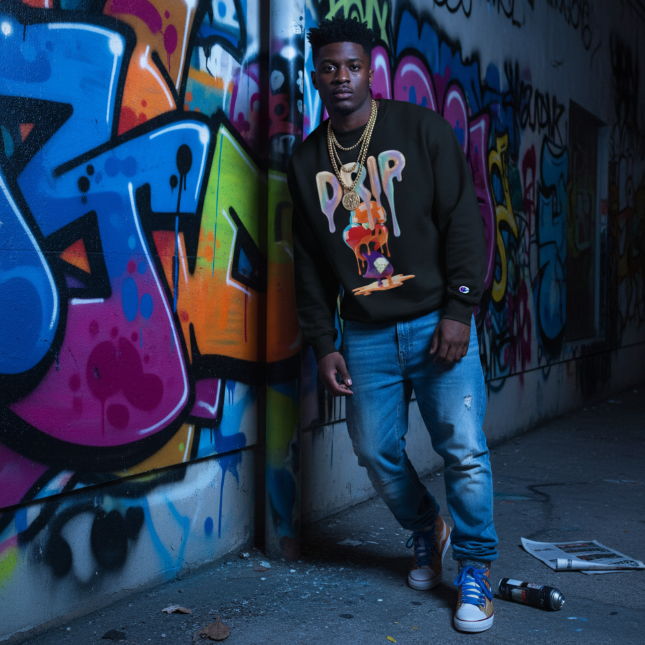Future Fatboi Clothing Colorful Dripping Art Champion Sweatshirt, Cozy Graphic Pullover, Trendy Streetwear, Unique Gift for Art Lovers, Casual Wear for All [...] product thumbnail image