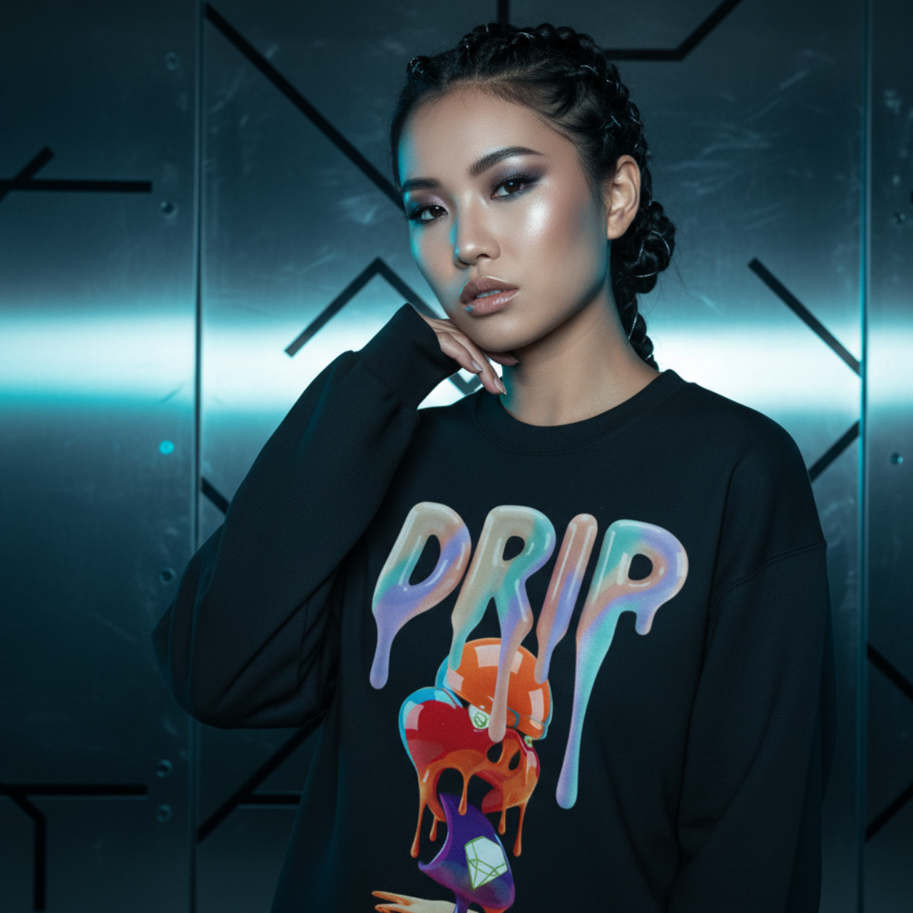 Future Fatboi Clothing Colorful Dripping Art Champion Sweatshirt, Cozy Graphic Pullover, Trendy Streetwear, Unique Gift for Art Lovers, Casual Wear for All [...] product thumbnail image