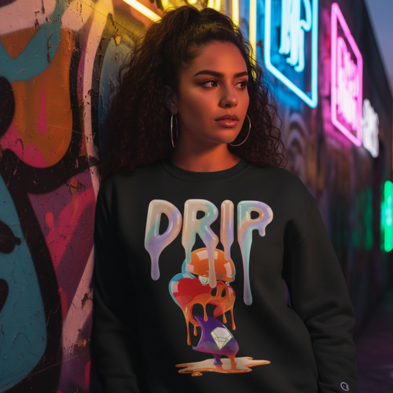 Future Fatboi Clothing Colorful Dripping Art Champion Sweatshirt, Cozy Graphic Pullover, Trendy Streetwear, Unique Gift for Art Lovers, Casual Wear for All [...] product thumbnail image