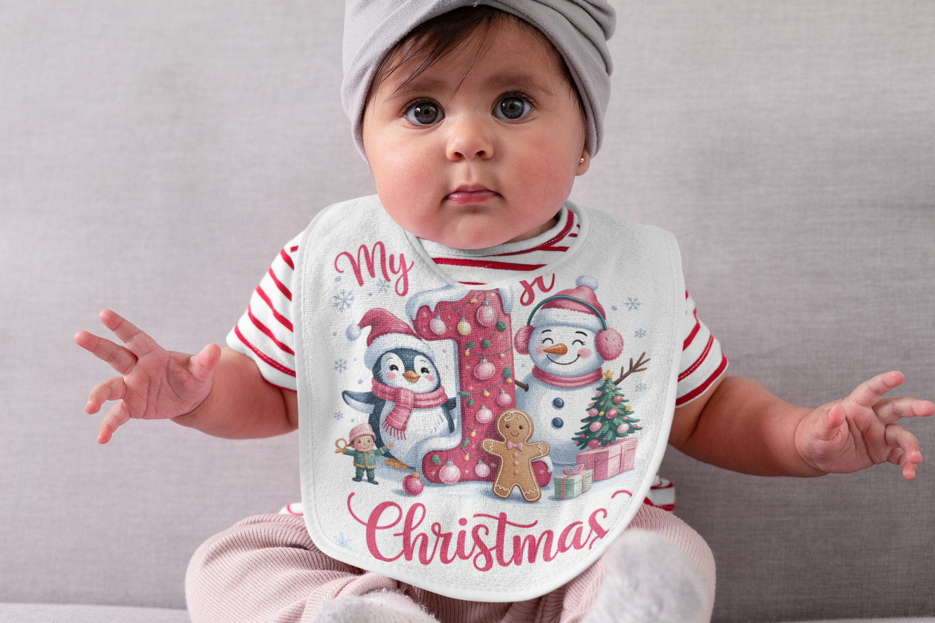 Copy of Festive Baby Bib, 1st Christmas Bib for Infants, Holiday Bib, Cute Baby Christmas Gift, Penguin and Santa Design product thumbnail image Copy of Festive Baby Bib, 1st Christmas Bib for Infants, Holiday Bib, Cute Baby Christmas Gift, Penguin and Santa Design product thumbnail image