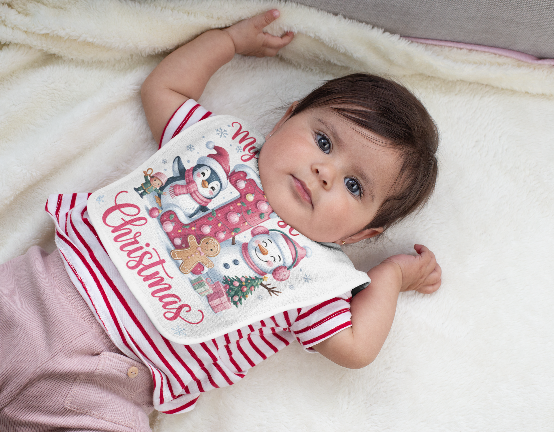 Copy of Festive Baby Bib, 1st Christmas Bib for Infants, Holiday Bib, Cute Baby Christmas Gift, Penguin and Santa Design product thumbnail image Copy of Festive Baby Bib, 1st Christmas Bib for Infants, Holiday Bib, Cute Baby Christmas Gift, Penguin and Santa Design product thumbnail image