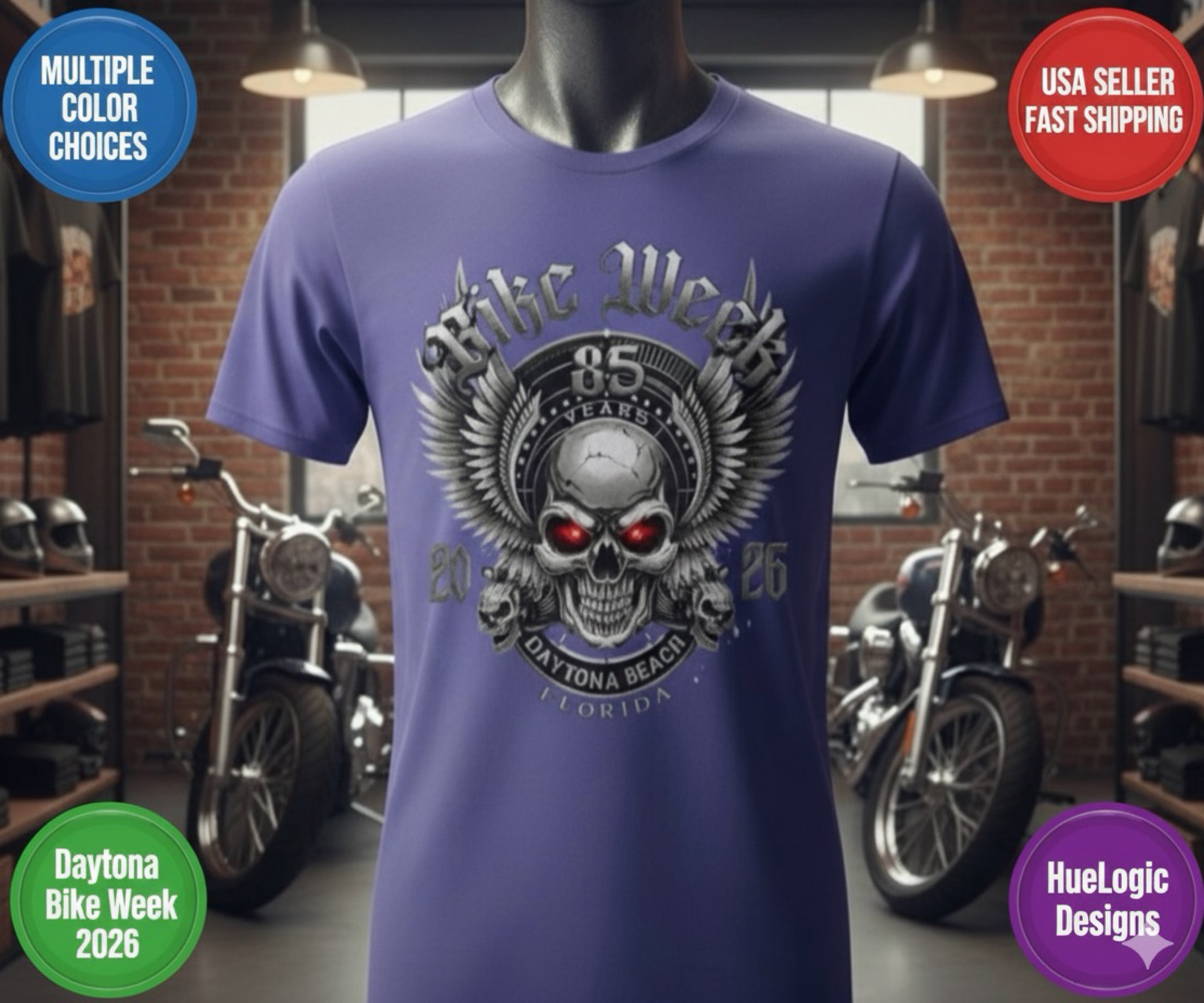 Daytona Beach Bike Week 2026 85th Anniversary Rally Shirt Florida HD Biker Skull Winged Skull Motorcycle Event Shirt product thumbnail image Daytona Beach Bike Week 2026 85th Anniversary Rally Shirt Florida HD Biker Skull Winged Skull Motorcycle Event Shirt product thumbnail image