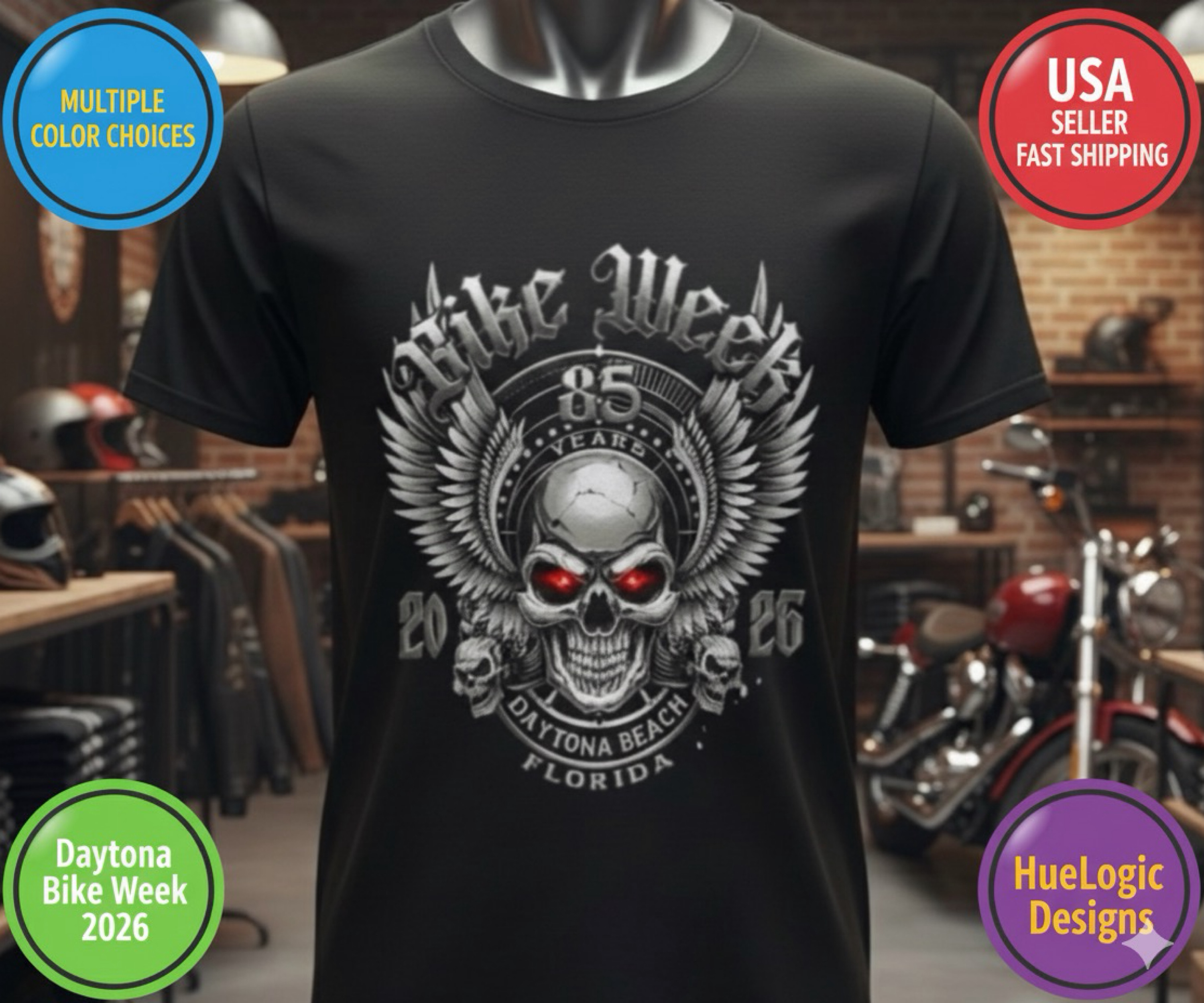 Daytona Beach Bike Week 2026 85th Anniversary Rally Shirt Florida HD Biker Skull Winged Skull Motorcycle Event Shirt product thumbnail image Daytona Beach Bike Week 2026 85th Anniversary Rally Shirt Florida HD Biker Skull Winged Skull Motorcycle Event Shirt product thumbnail image