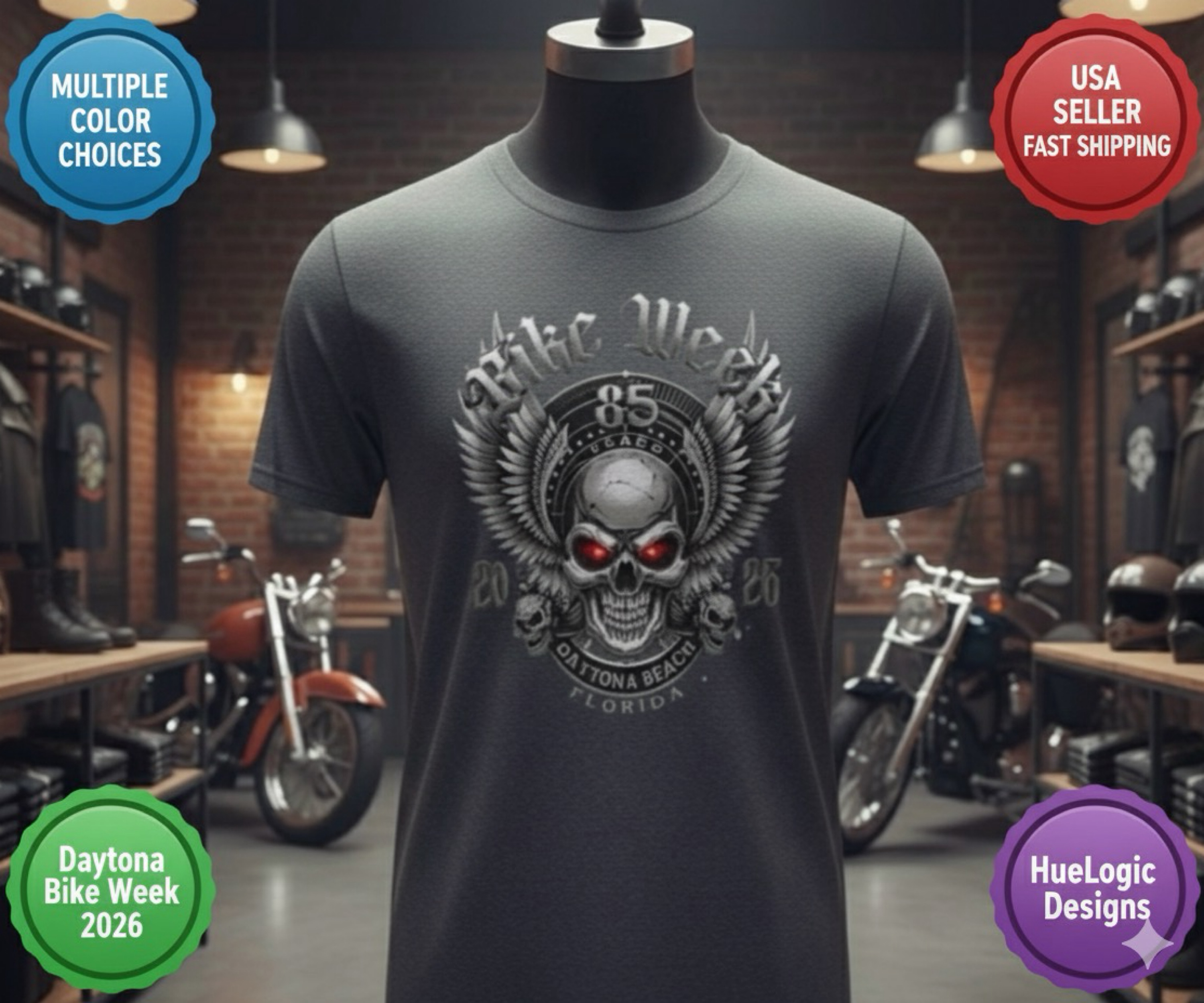 Daytona Beach Bike Week 2026 85th Anniversary Rally Shirt Florida HD Biker Skull Winged Skull Motorcycle Event Shirt product thumbnail image Daytona Beach Bike Week 2026 85th Anniversary Rally Shirt Florida HD Biker Skull Winged Skull Motorcycle Event Shirt product thumbnail image