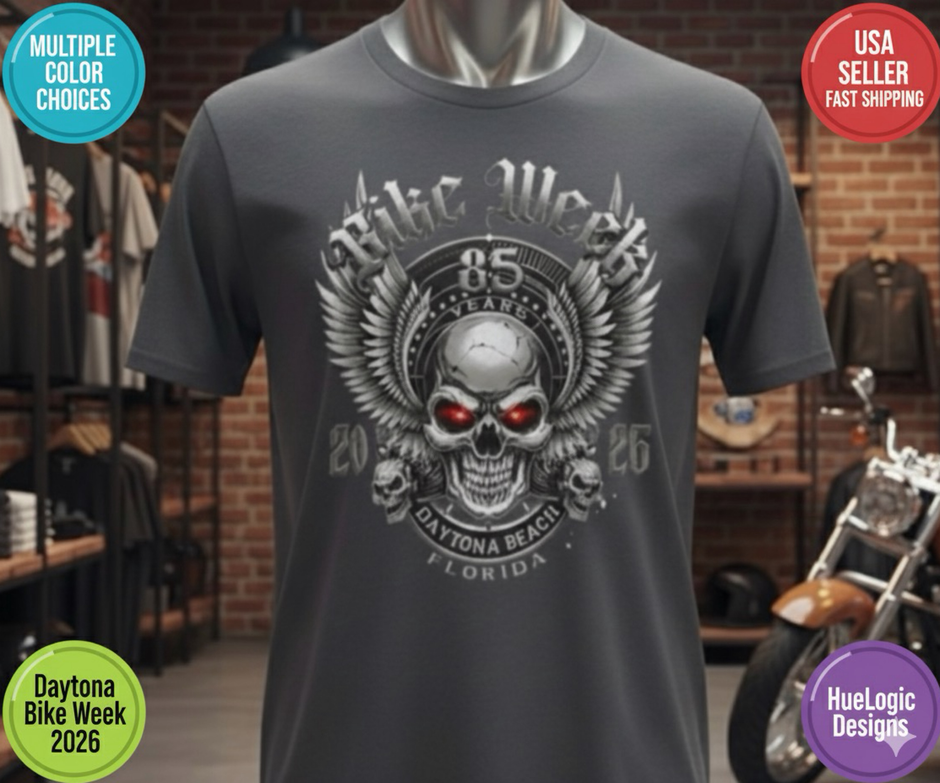 Daytona Beach Bike Week 2026 85th Anniversary Rally Shirt Florida HD Biker Skull Winged Skull Motorcycle Event Shirt product thumbnail image Daytona Beach Bike Week 2026 85th Anniversary Rally Shirt Florida HD Biker Skull Winged Skull Motorcycle Event Shirt product thumbnail image