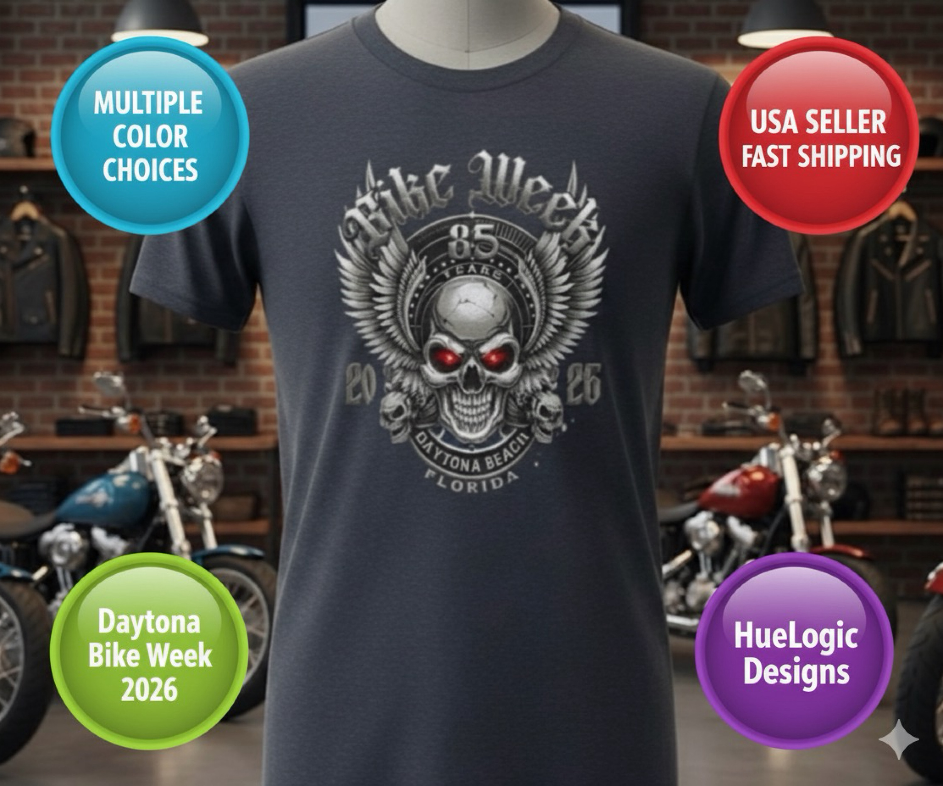 Daytona Beach Bike Week 2026 85th Anniversary Rally Shirt Florida HD Biker Skull Winged Skull Motorcycle Event Shirt product thumbnail image Daytona Beach Bike Week 2026 85th Anniversary Rally Shirt Florida HD Biker Skull Winged Skull Motorcycle Event Shirt product thumbnail image