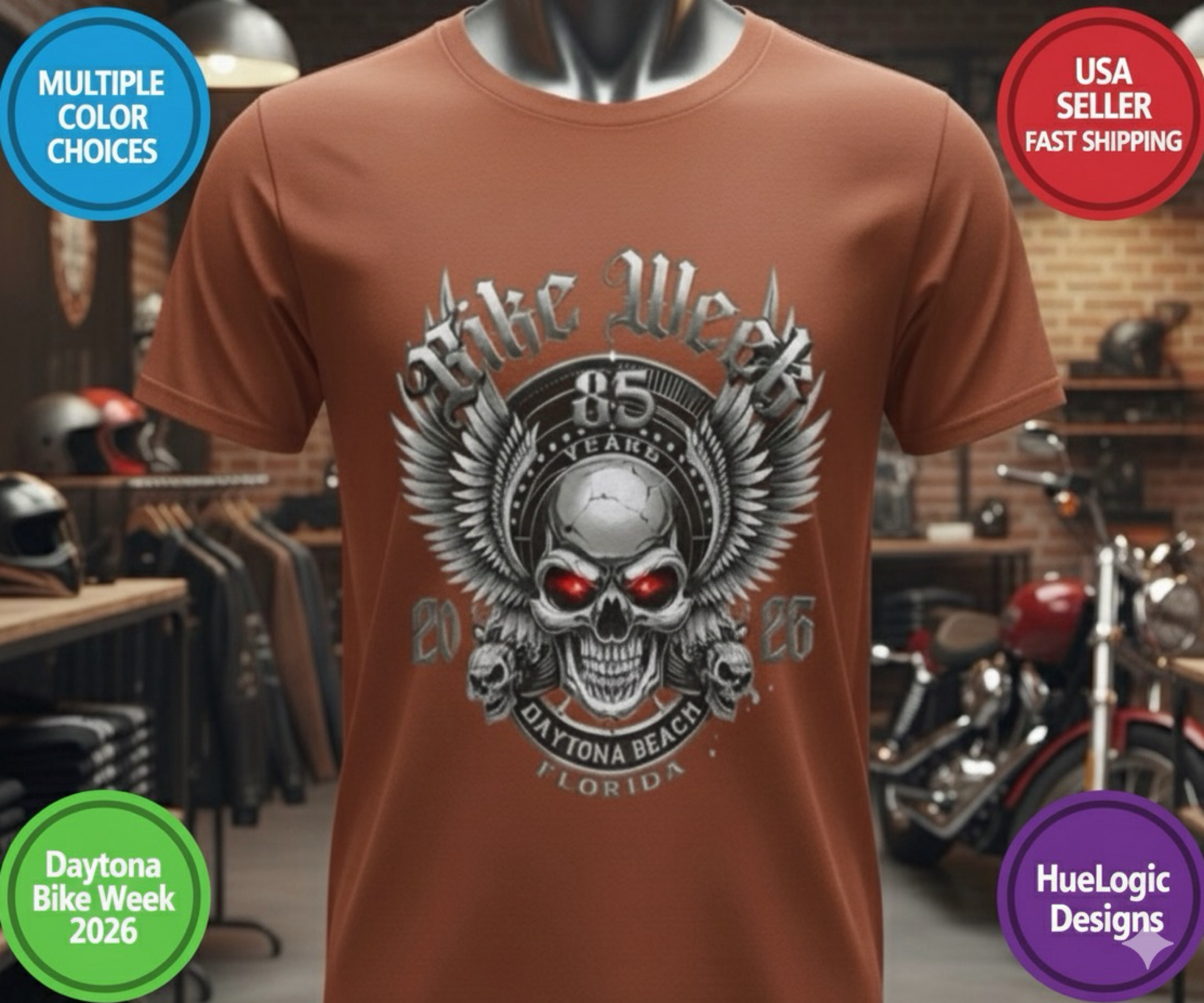 Daytona Beach Bike Week 2026 85th Anniversary Rally Shirt Florida HD Biker Skull Winged Skull Motorcycle Event Shirt product thumbnail image Daytona Beach Bike Week 2026 85th Anniversary Rally Shirt Florida HD Biker Skull Winged Skull Motorcycle Event Shirt product thumbnail image