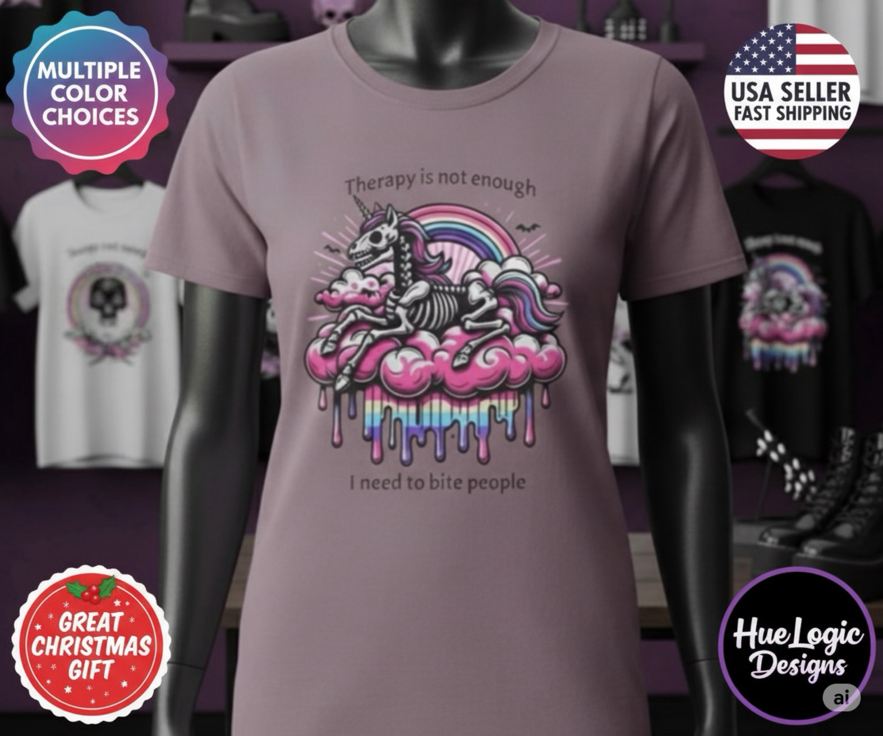 Therapy Is Not Enough Need To Bite People Skeleton Unicorn Mental Health Shirt