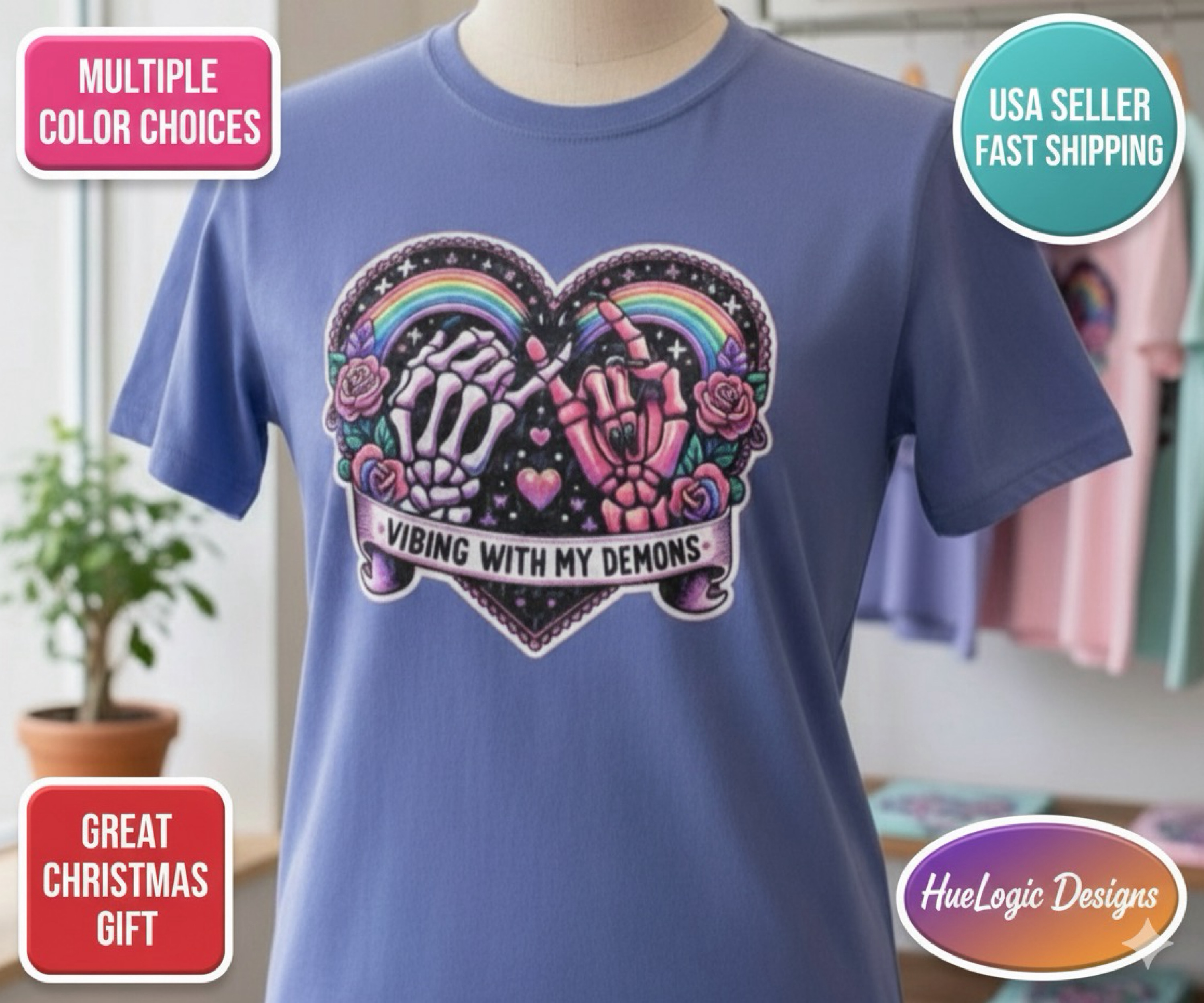 Vibing With My Demons Skeleton Heart T-Shirt Pastel Goth Rainbow Tee Cute Goth product thumbnail image Vibing With My Demons Skeleton Heart T-Shirt Pastel Goth Rainbow Tee Cute Goth product thumbnail image
