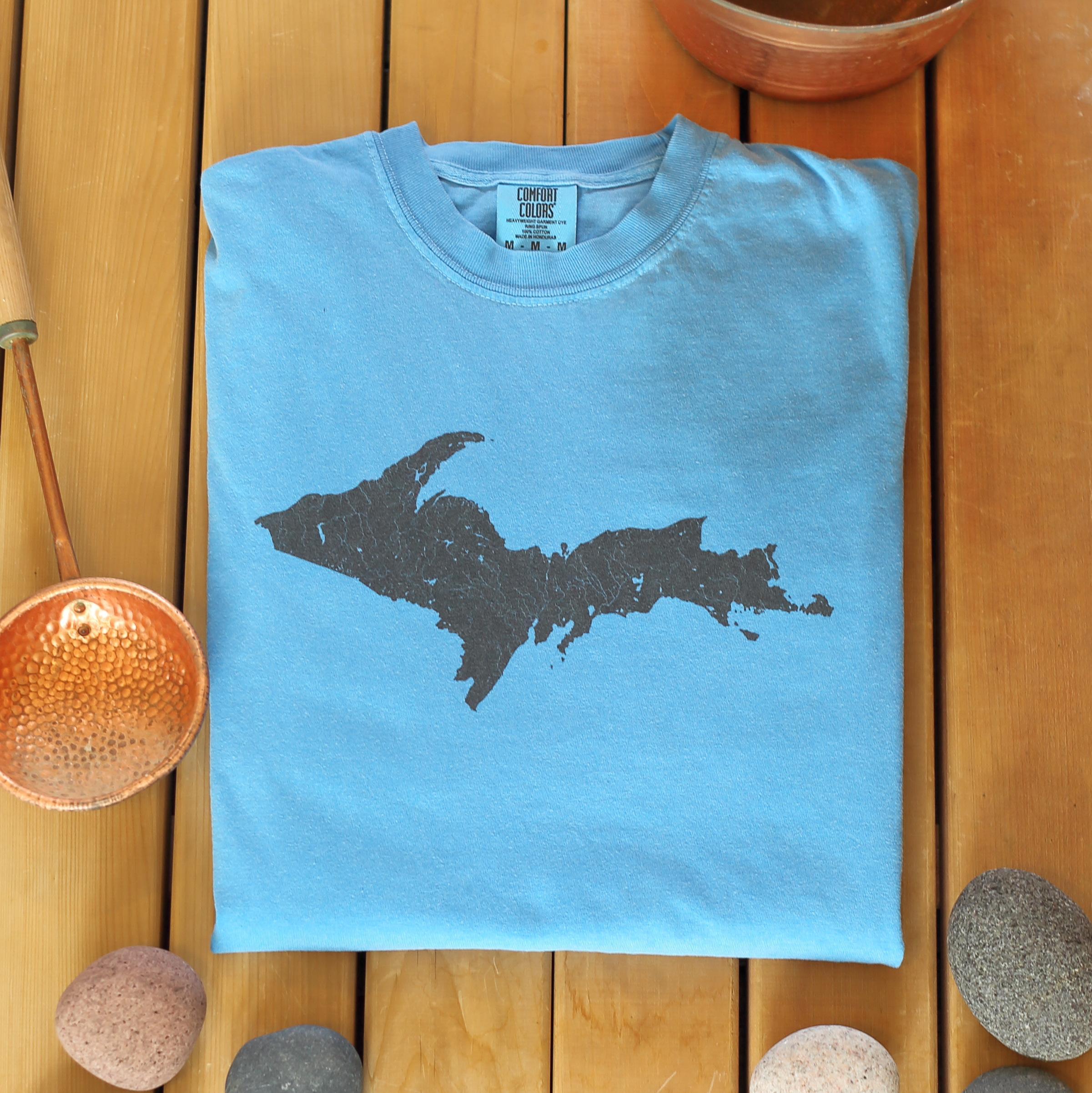 Upper Peninsula Map T-Shirt | Islands Lakes Rivers | Black on Blue Garment-Dyed Medium-weight Cotton Unisex Tee | Comfort Colors® 1717 product thumbnail image Upper Peninsula Map T-Shirt | Islands Lakes Rivers | Black on Blue Garment-Dyed Medium-weight Cotton Unisex Tee | Comfort Colors® 1717 product thumbnail image