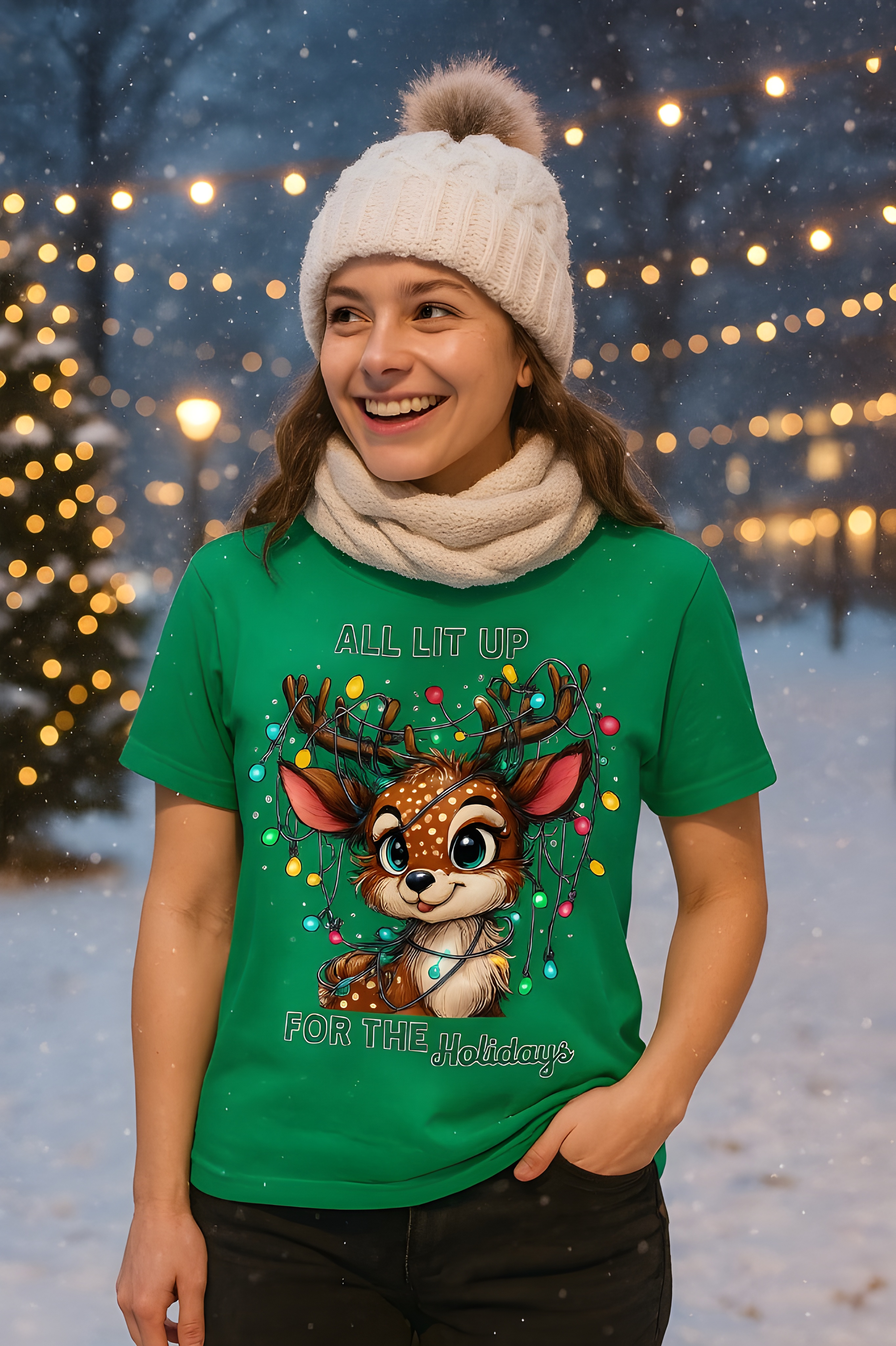 All Lit Up for the Holidays Softstyle Christmas T-Shirt | Funny Holiday Reindeer Tee | Cute Christmas Shirt | Festive Lights Humor Gift | Green Christmas Tee product thumbnail image