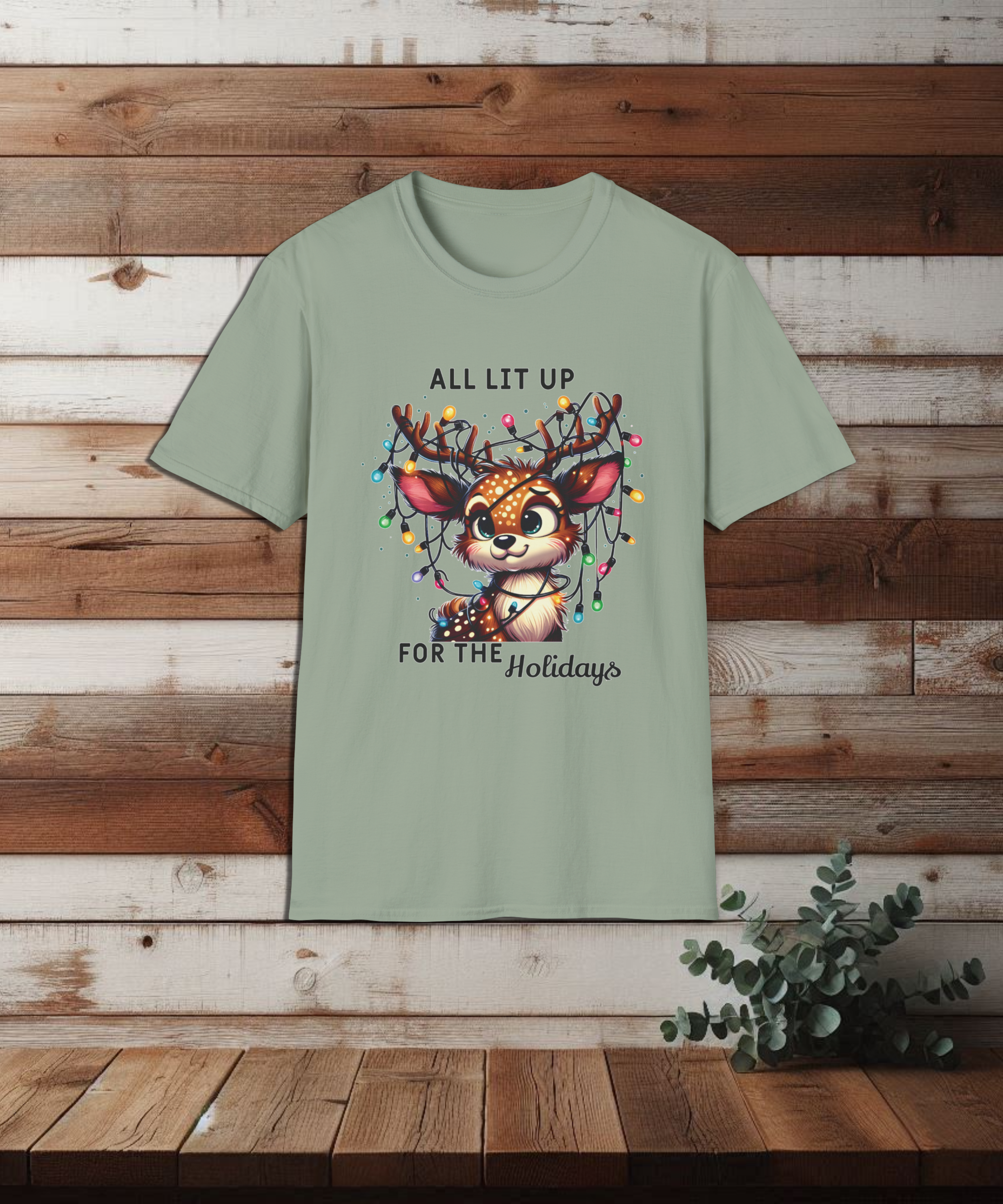 All Lit Up for the Holidays Softstyle Christmas T-Shirt | Funny Holiday Reindeer Tee | Cute Christmas Shirt | Festive Lights Humor Gift | Green Christmas Tee