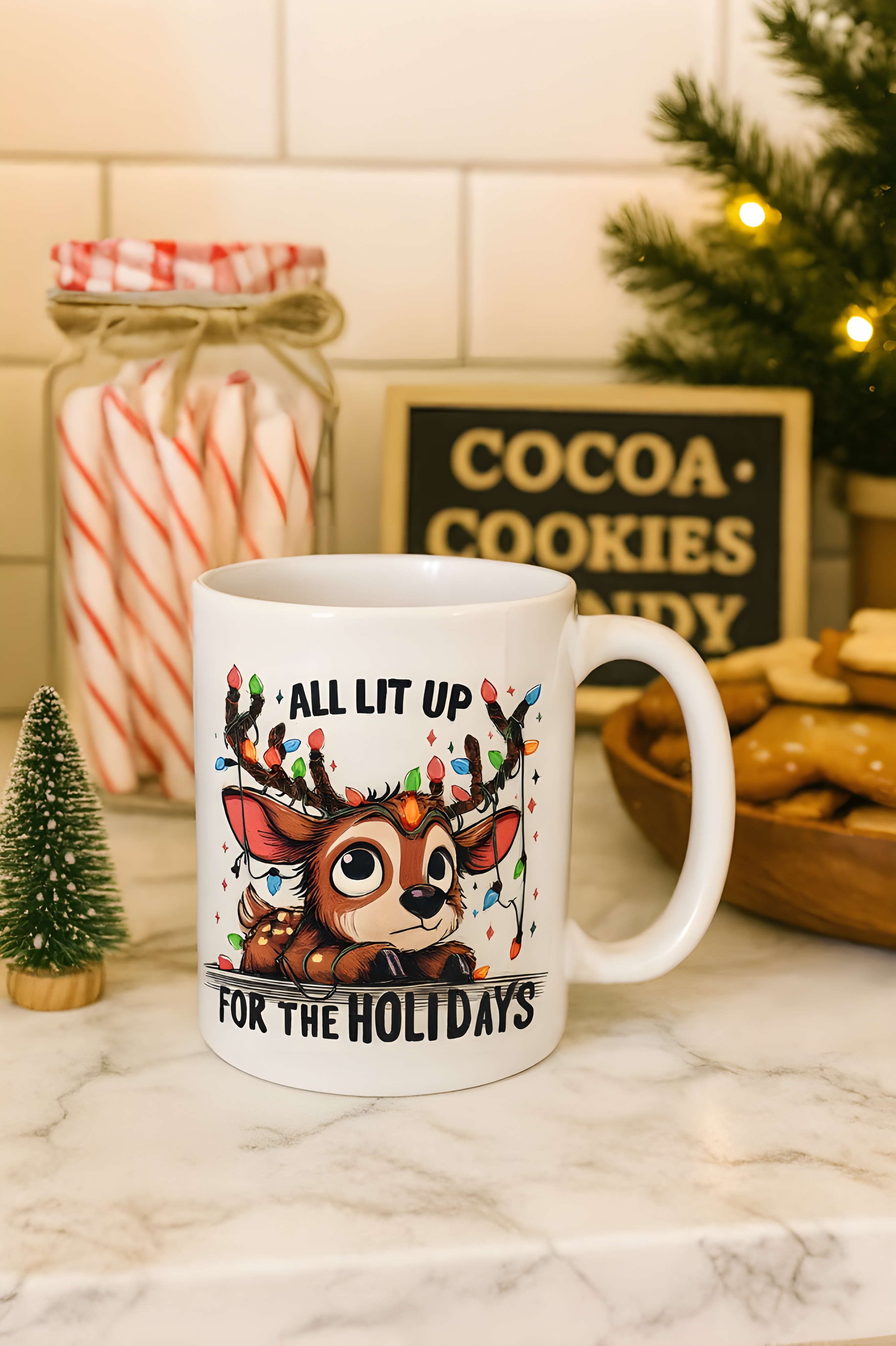 All Lit Up for the Holidays Mug – Cute Christmas Reindeer Coffee Cup, Perfect for Holiday Cheer, Christmas Gift, Coffee Lovers, Reindeer Design, Winter Celebrations product thumbnail image