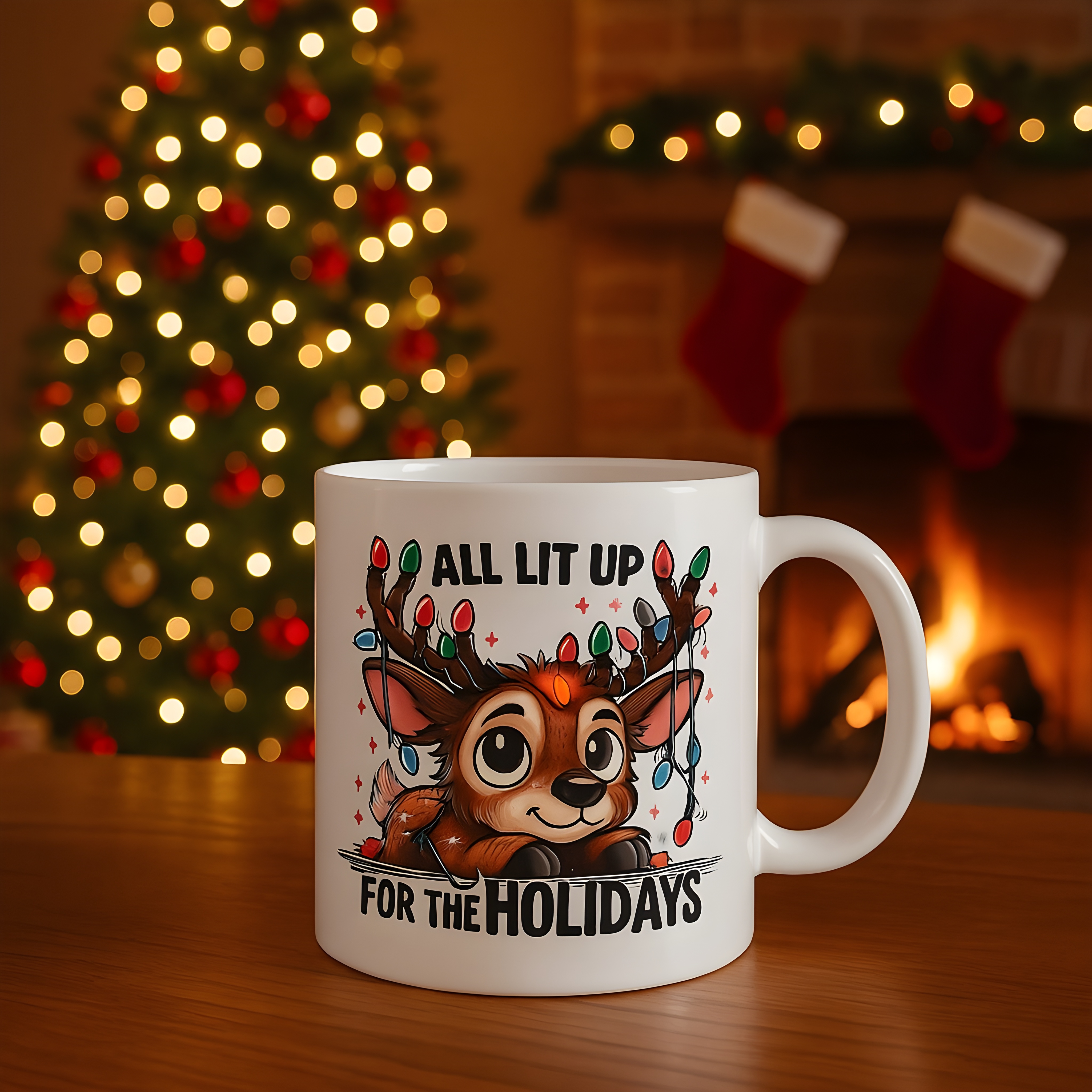 All Lit Up for the Holidays Mug – Cute Christmas Reindeer Coffee Cup, Perfect for Holiday Cheer, Christmas Gift, Coffee Lovers, Reindeer Design, Winter Celebrations product thumbnail image