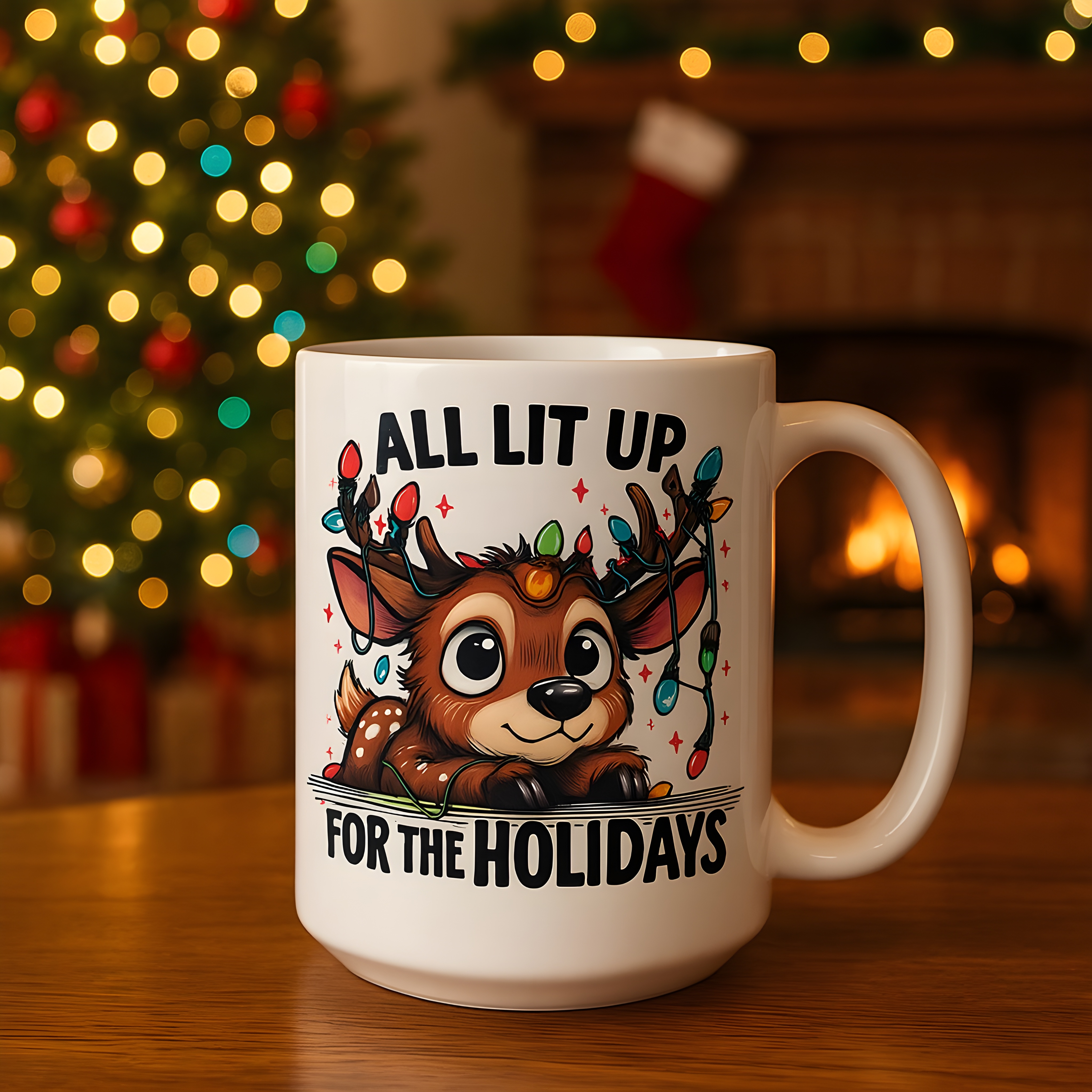 All Lit Up for the Holidays Mug – Cute Christmas Reindeer Coffee Cup, Perfect for Holiday Cheer, Christmas Gift, Coffee Lovers, Reindeer Design, Winter Celebrations product thumbnail image