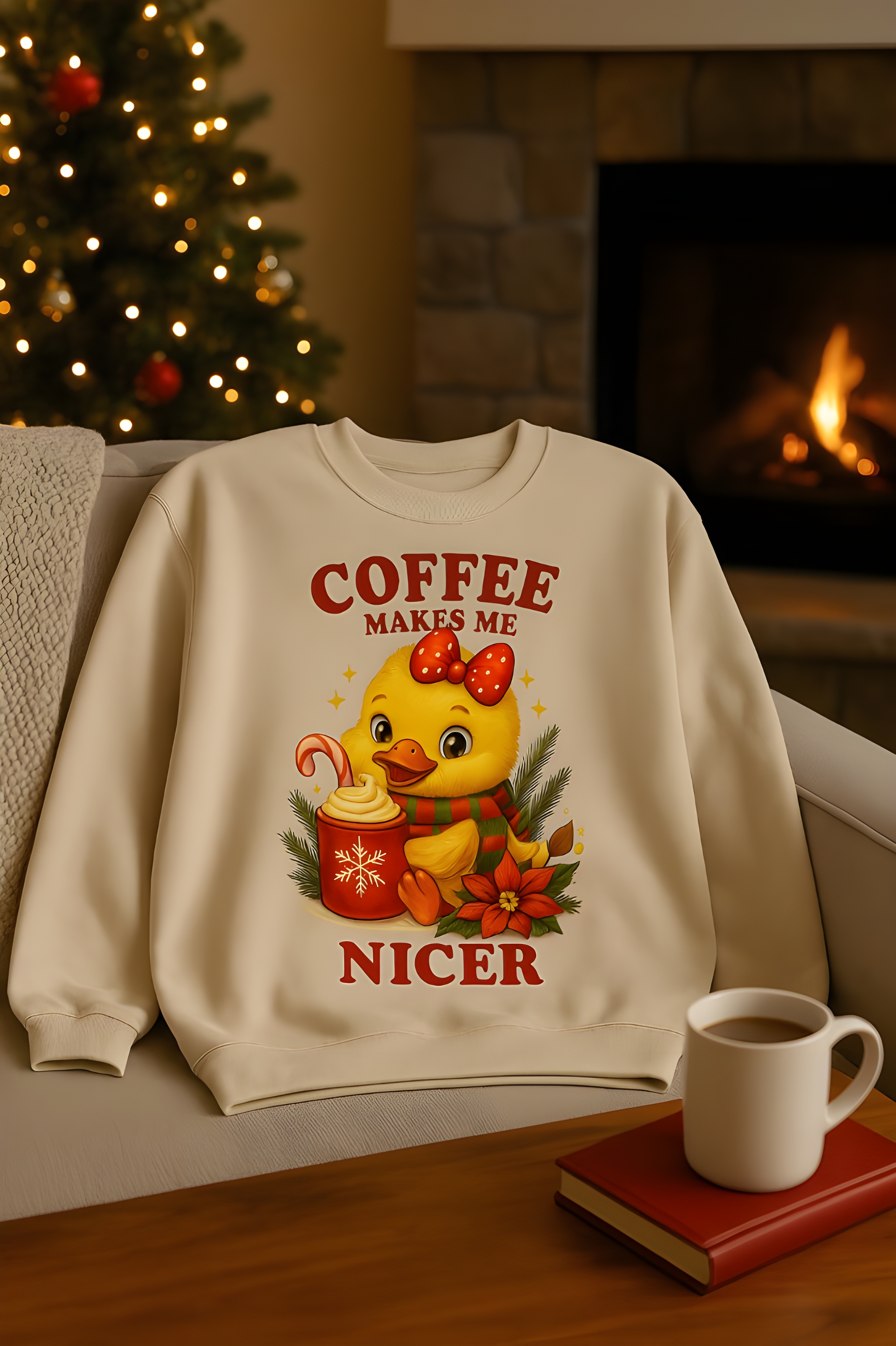 Coffee Makes Me Nicer Duck Sweatshirt | Cute Holiday Coffee Lover Pullover, Cozy Unisex Pullover for Coffee Lovers, Perfect for Fall and Winter Celebrations product thumbnail image