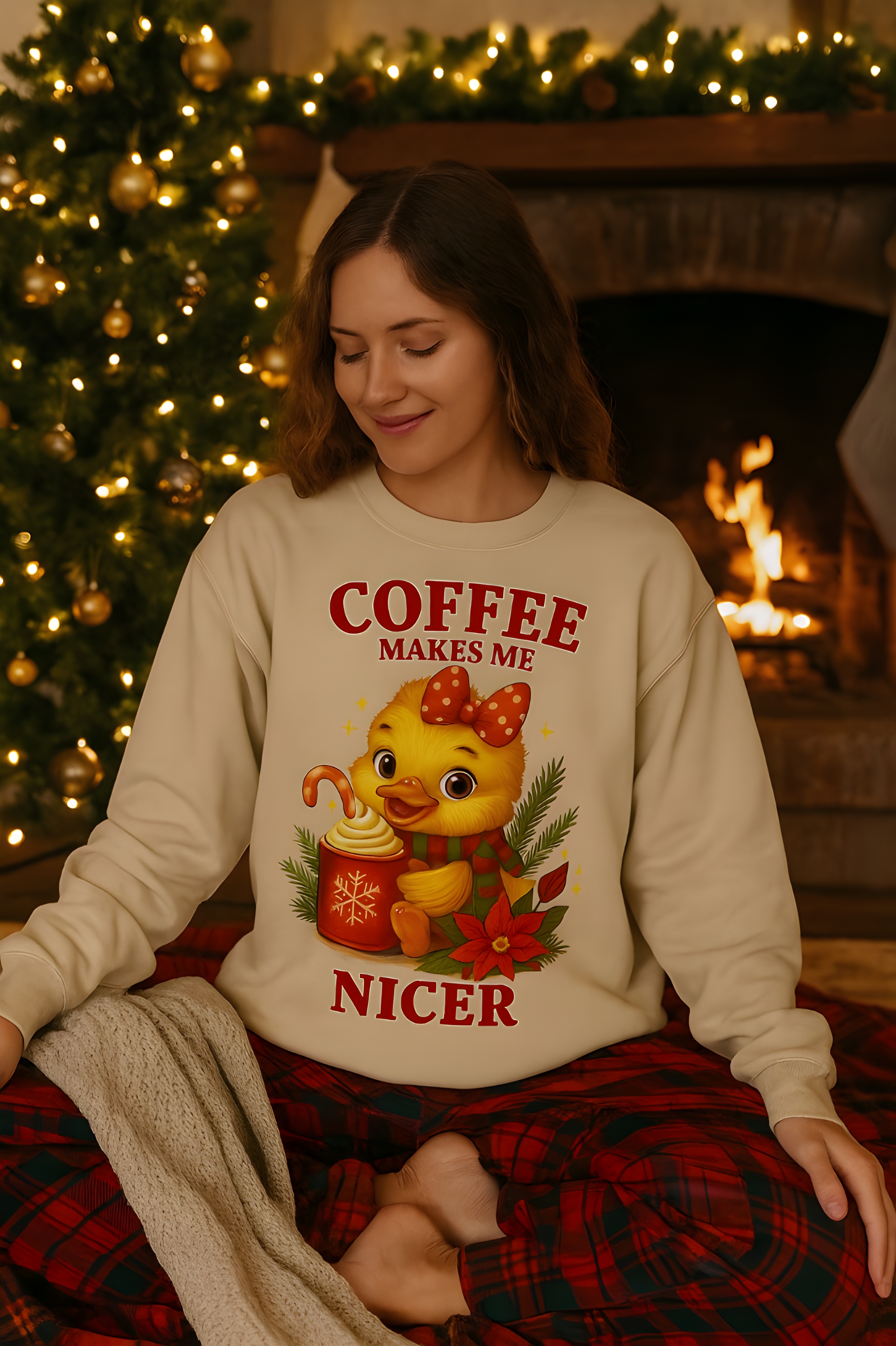 Coffee Makes Me Nicer Duck Sweatshirt | Cute Holiday Coffee Lover Pullover, Cozy Unisex Pullover for Coffee Lovers, Perfect for Fall and Winter Celebrations product thumbnail image