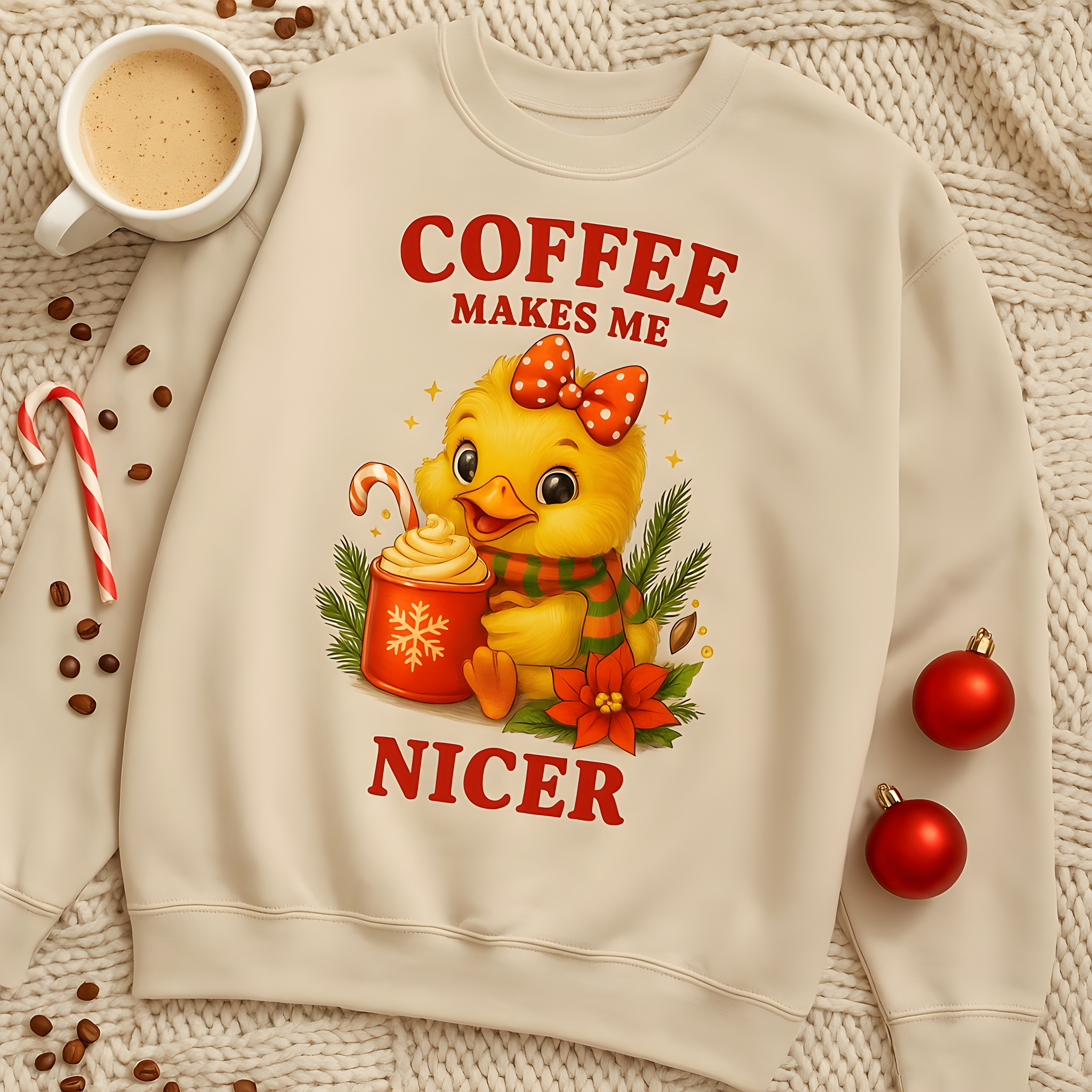 Coffee Makes Me Nicer Duck Sweatshirt | Cute Holiday Coffee Lover Pullover, Cozy Unisex Pullover for Coffee Lovers, Perfect for Fall and Winter Celebrations product thumbnail image