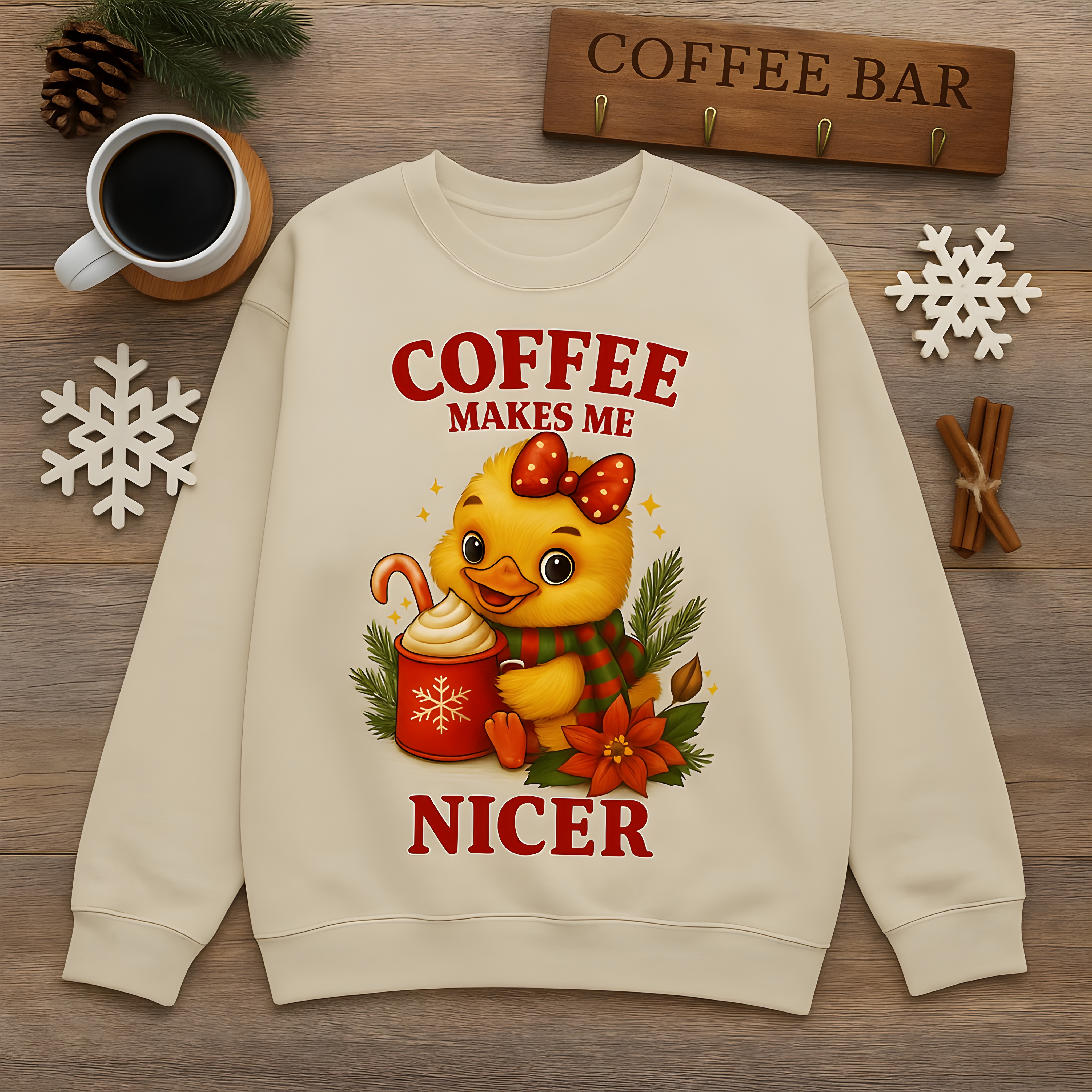 Coffee Makes Me Nicer Duck Sweatshirt | Cute Holiday Coffee Lover Pullover, Cozy Unisex Pullover for Coffee Lovers, Perfect for Fall and Winter Celebrations product thumbnail image Coffee Makes Me Nicer Duck Sweatshirt | Cute Holiday Coffee Lover Pullover, Cozy Unisex Pullover for Coffee Lovers, Perfect for Fall and Winter Celebrations product thumbnail image
