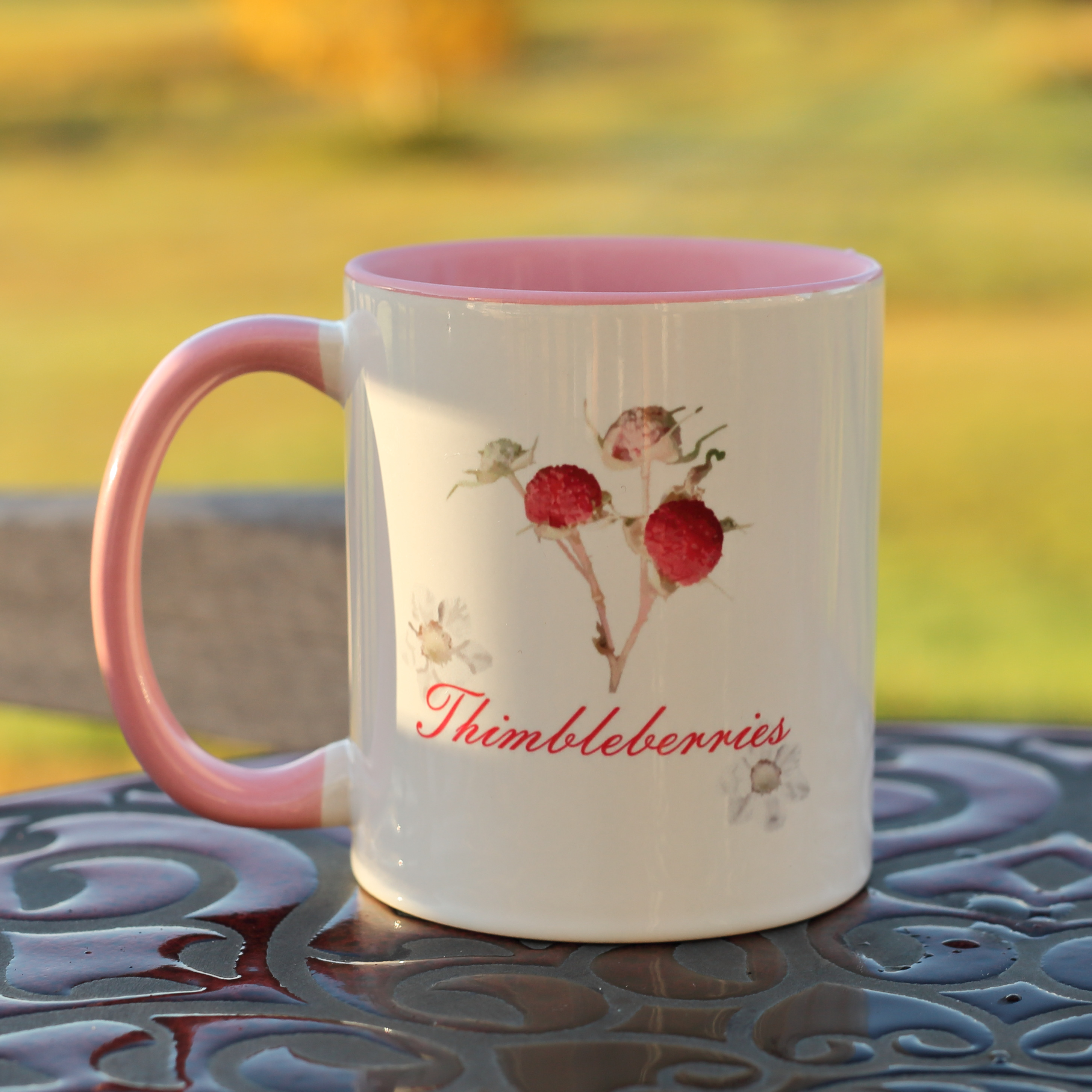 Thimbleberry Mug | Pink Handle and Interior | Thimbleberries on Stem | 11oz or 15oz