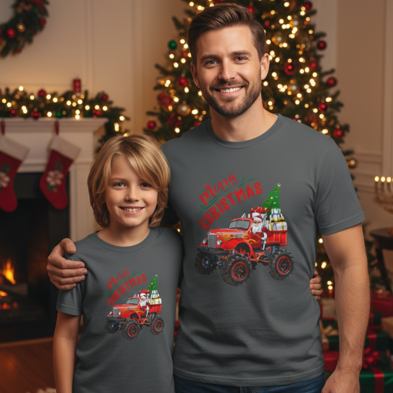 Christmas Truck Tee, Dad &amp; Son Festive Shirt, Holiday Gift, Merry Christmas Apparel 