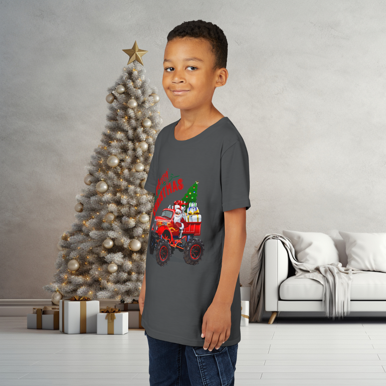 Santa's Merry Christmas Youth Tee, Dad &amp; Son matching Holiday Shirt, Festive Graphic T-Shirt, Christmas Gift for Boys &amp; Dads product thumbnail image