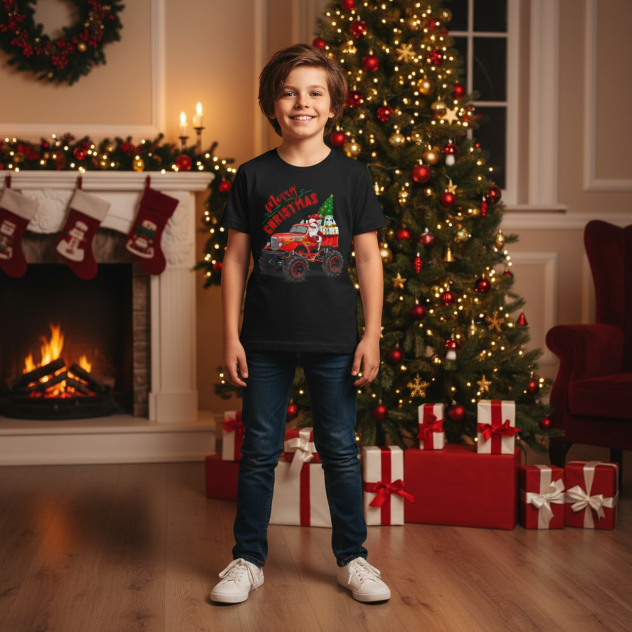 Santa's Merry Christmas Youth Tee, Dad &amp; Son matching Holiday Shirt, Festive Graphic T-Shirt, Christmas Gift for Boys &amp; Dads product thumbnail image