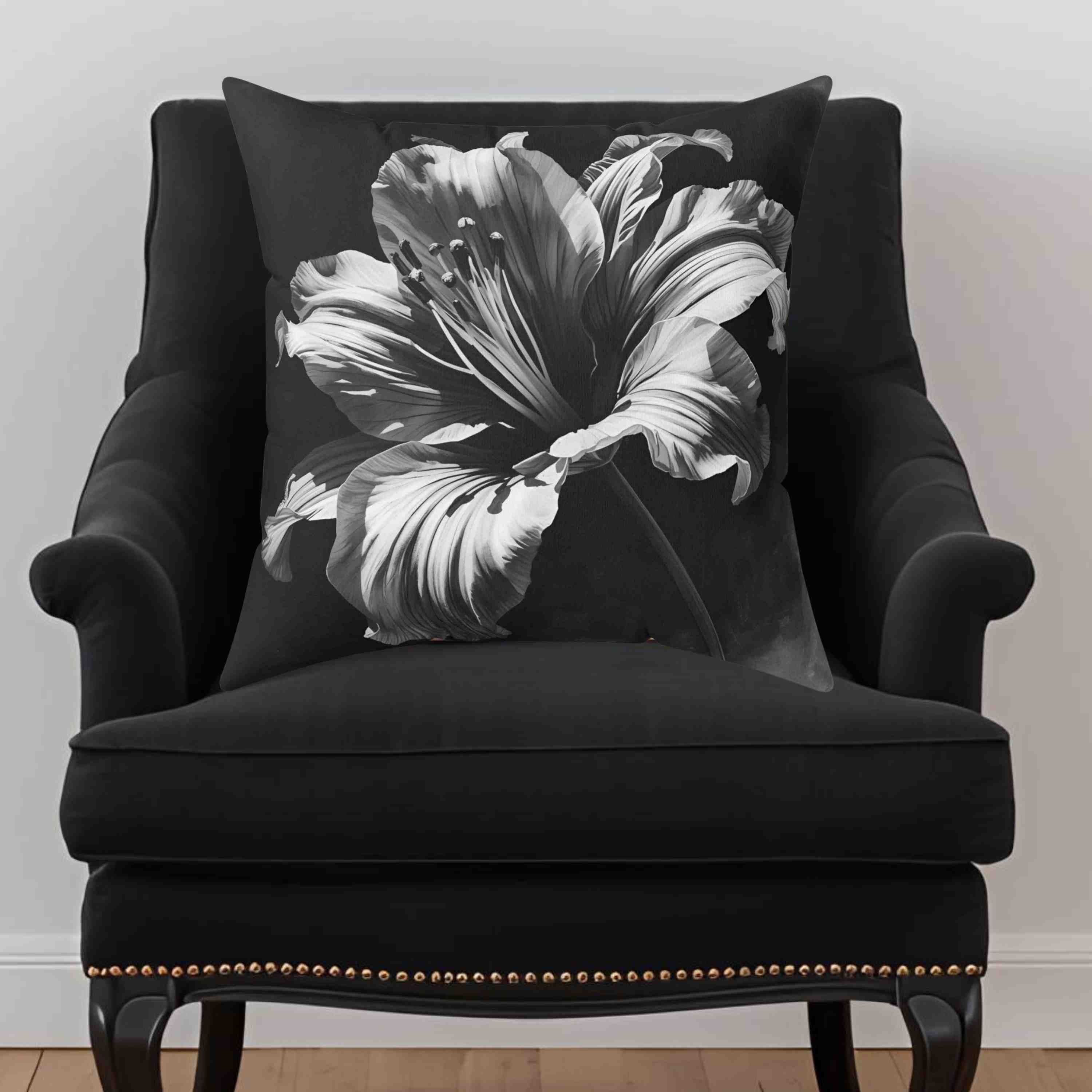 Monochromatic Elegant Black White Floral Throw Pillow, Black and White Decorative Cushion, Modern Home Decor, Gift for Her, Floral Accent Pillow product thumbnail image