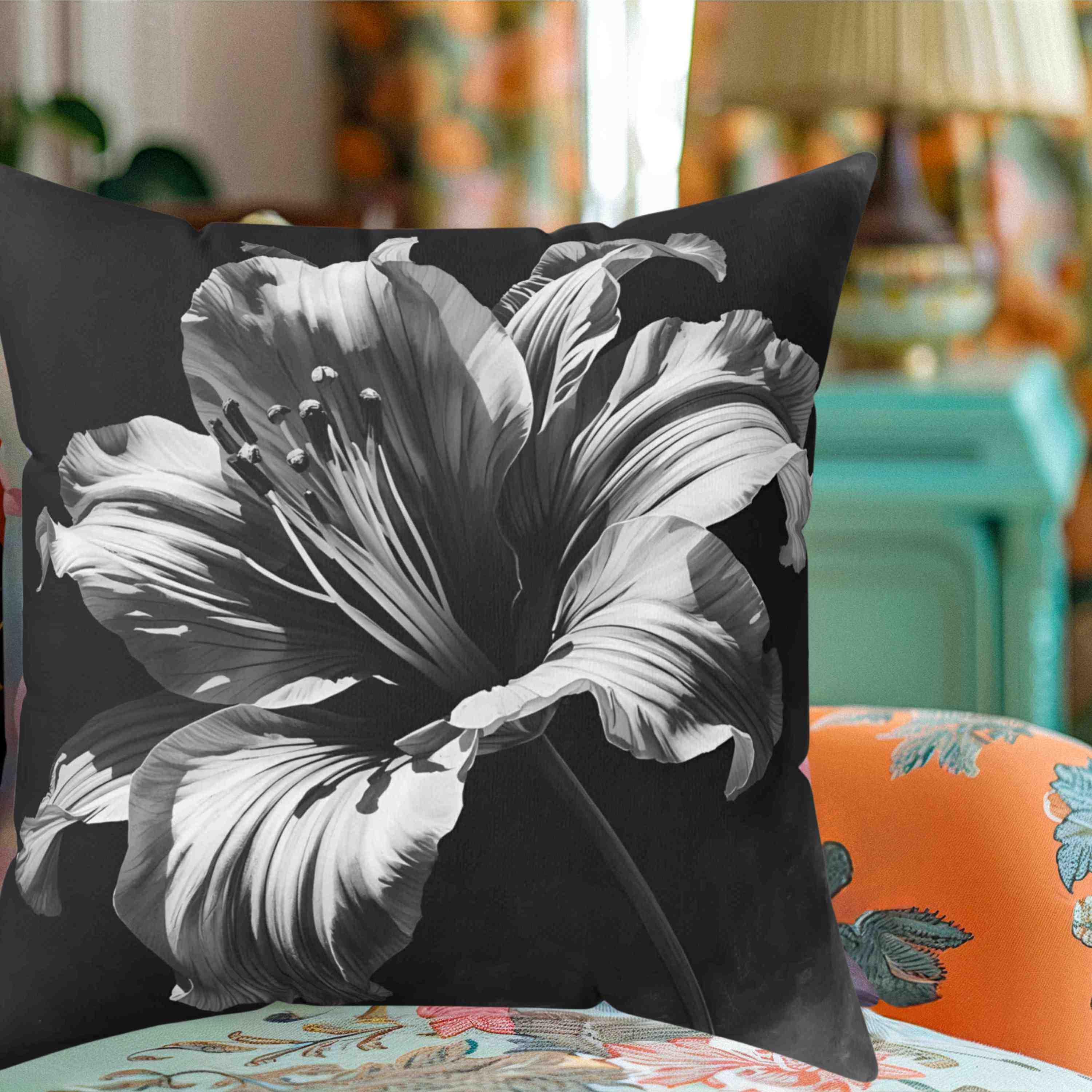 Monochromatic Elegant Black White Floral Throw Pillow, Black and White Decorative Cushion, Modern Home Decor, Gift for Her, Floral Accent Pillow product thumbnail image