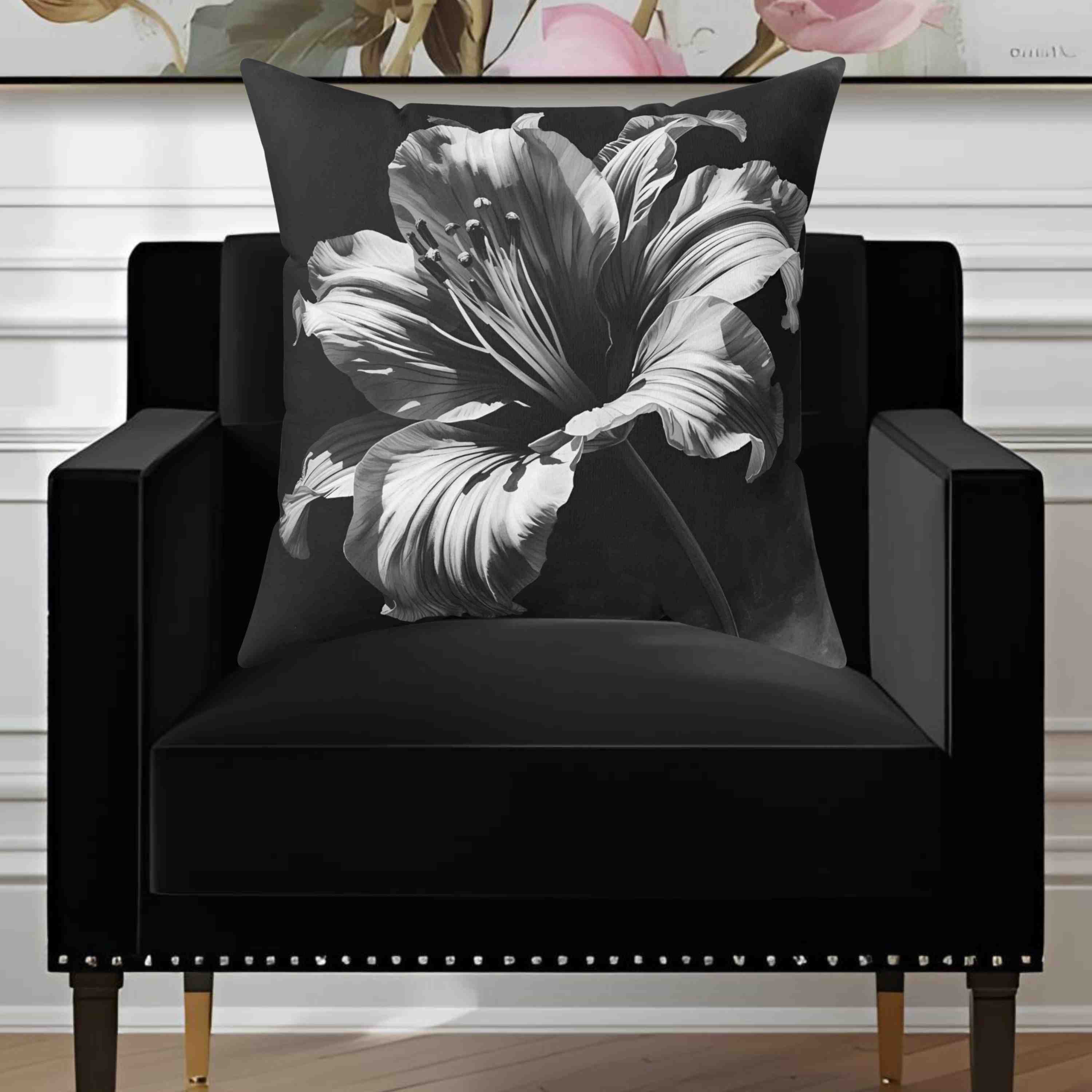 Monochromatic Elegant Black White Floral Throw Pillow, Black and White Decorative Cushion, Modern Home Decor, Gift for Her, Floral Accent Pillow product thumbnail image