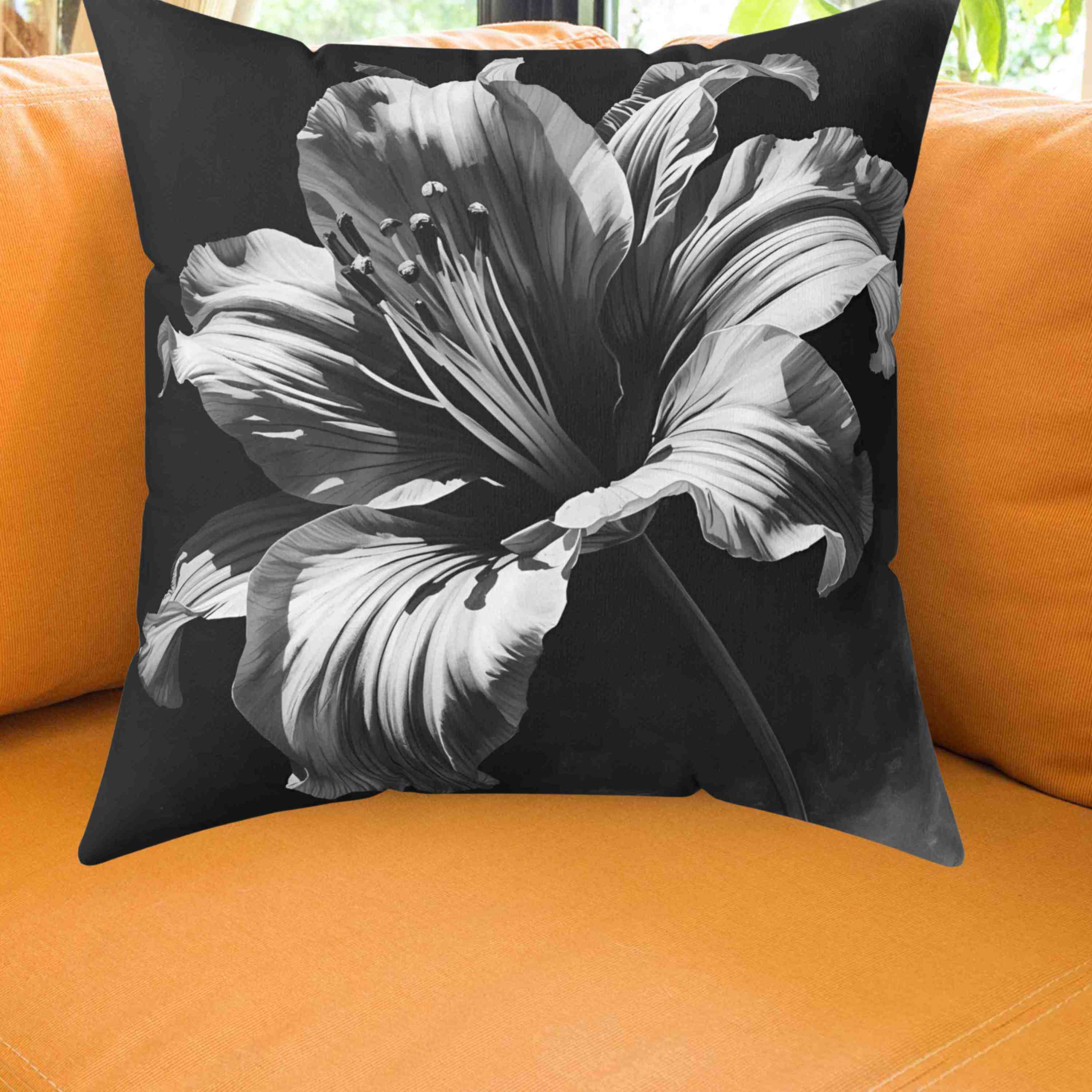 Monochromatic Elegant Black White Floral Throw Pillow, Black and White Decorative Cushion, Modern Home Decor, Gift for Her, Floral Accent Pillow product thumbnail image