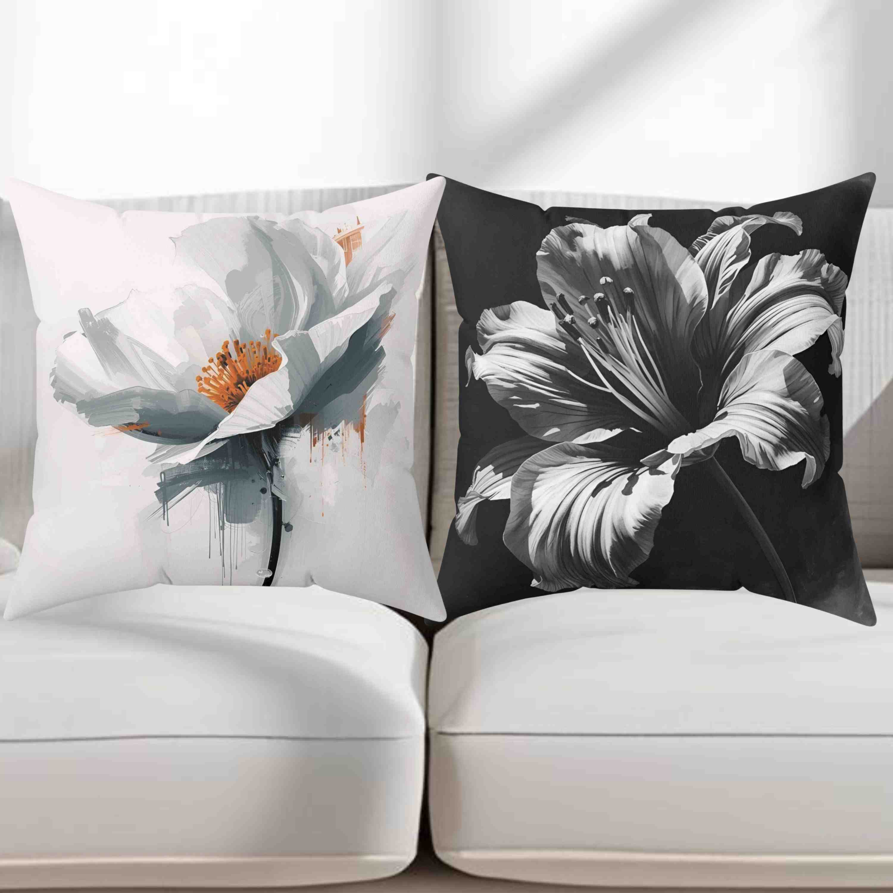 Monochromatic Elegant Black White Floral Throw Pillow, Black and White Decorative Cushion, Modern Home Decor, Gift for Her, Floral Accent Pillow product thumbnail image