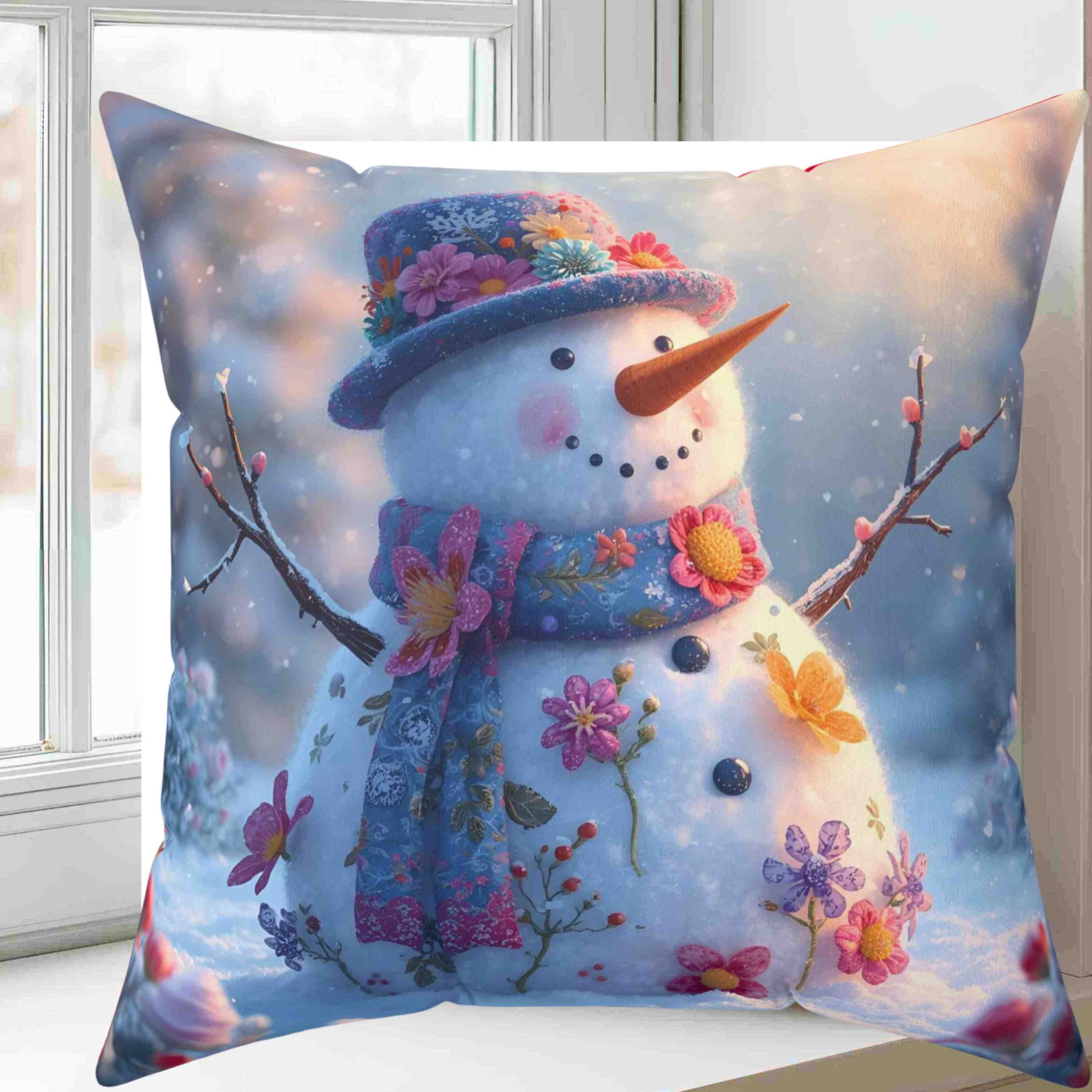 Snowman Floral Square Pillow, Cozy Home Decor, Winter Holiday Gift, Decorative Cushion, Seasonal Accent Throw product thumbnail image